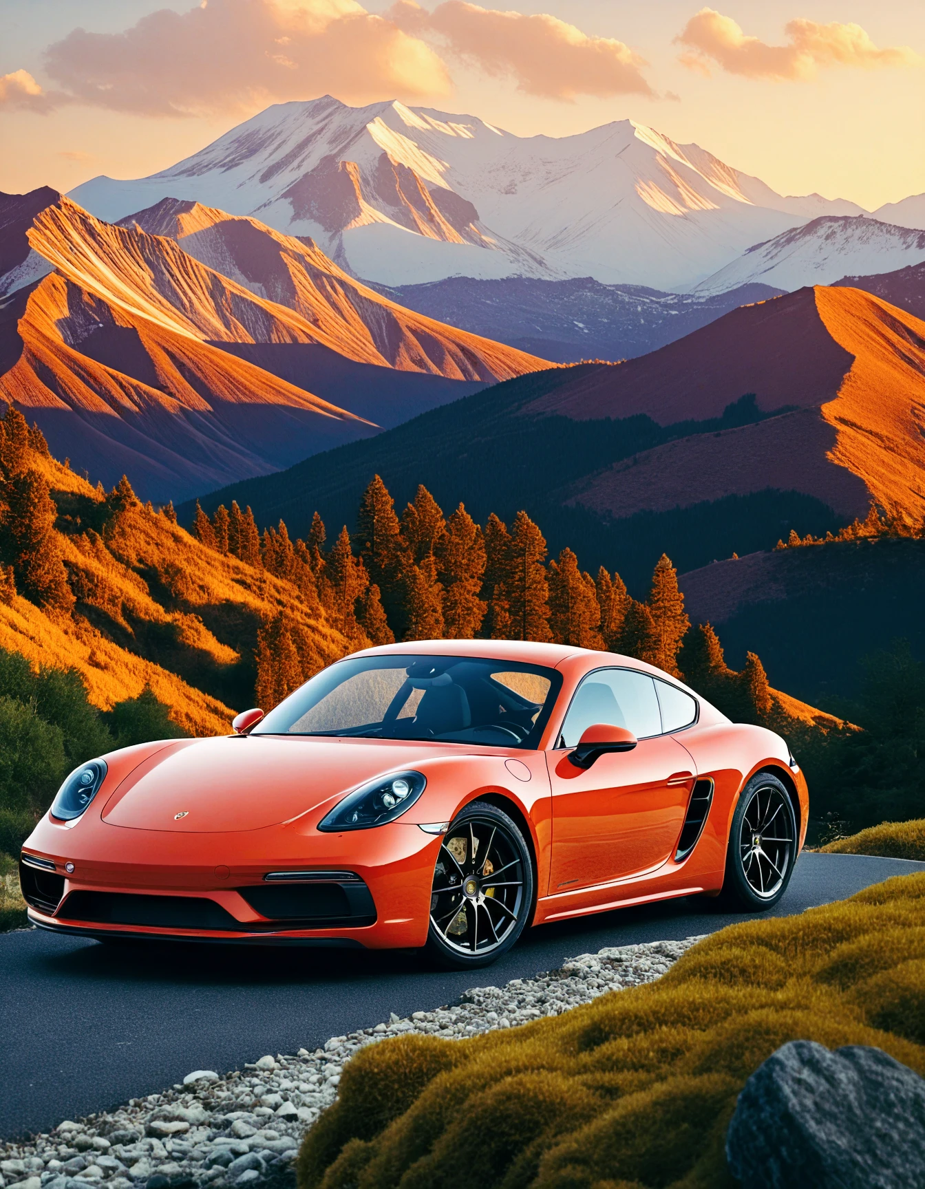 Cayman, a white Porsche Cayman sports car parked on a 
 , The image displays a digitally manipulated scene. It features a classic car in the foreground that appears to be in motion, given its dynamic pose and the blurred background indicating speed. In the background, there is a stylized depiction of what looks like a futuristic highway or track, characterized by bold colors and abstract patterns that suggest a sense of movement and energy. The car has a sleek design with angular lines and a prominent rear spoiler, indicative of racing or sports car models from the 1970s or 1980s.

The image has been edited to give the appearance of being composed of two separate pictures—one on the left side showing the car in motion, and one on the right side that resembles an abstract painting with bright colors and a sense of depth. This creates a surreal effect, where the real-world car seems to blend into a stylized environment. The overall style of the image is reminiscent of pop art or modern graphic design, using vibrant colors and striking contrasts to convey its theme. 