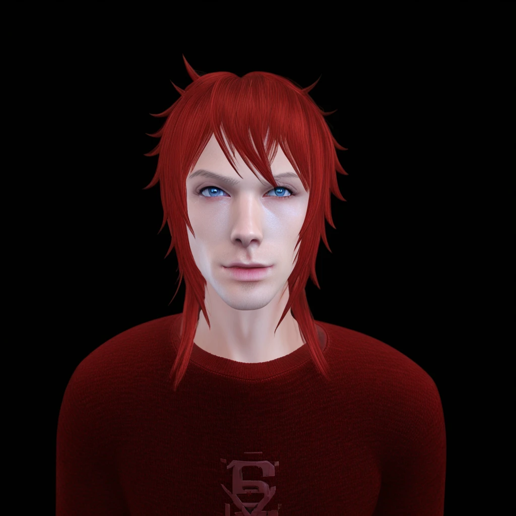 ranapekova, solo, realistic, red hair, red eyes, heterochromia, blue eyes, looking at viewer, 1boy, portrait, sweater, freckles, white background, male focus, red sweater, score_9, score_8_up, score_7_up, score_6_up, score_5_up, score_4_up