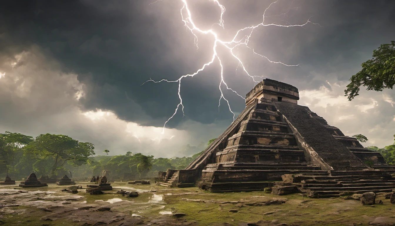 Maya civilization, magic, mystical, ritualistic, severed head, human sacrifice, storm, lightning, rain, demon, apocalypse, cinematic lighting, Ultra-Wide Angle, panorama, UHD, retina, masterpiece, super detail, award winning, best quality, 4K