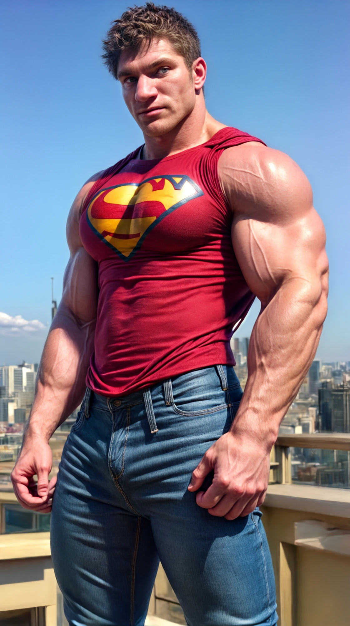 <lora:BulkedUpAIR1.5:0.05>, handsome face, (close up shot:0.7), at rooftop, (muscular guy wearing black superman shirt:1.0), (wearing tight jeans), confident, handsome, (((masterpiece))), (((best quality))), <lora:more_details:1.1>, large pectorals, big muscles:0.15, ((hands on waist), (short hair), male, lower color saturation:1, lower contract color:1, Caucasian, white guy, <lora:HulkHunkMuscle (1):1>, HulkHunkMuscle