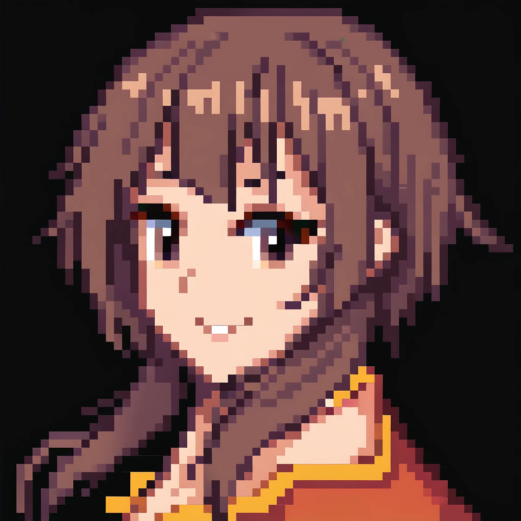 1girl,megumin, brown hair, brown brown eyes, smile,from side,   ,portrait ,black background,  stardewxl,<lora:stardew_valle_portraits_pony-000008:1>