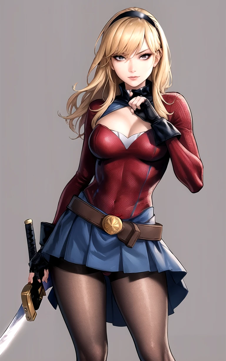 masterpiece, best quality, highres, focused, looking at viewer, solo, cowboy shot, simple background, 
1girl, artstyle_diabolu_ownwaifu, belt, black gloves, blonde hair, boots, fingerless gloves, fishnet pantyhose, grey eyes, hairband, handgun, katana, long hair, makeup, panties, scar, skirt, superhero, white leotard
<lora:ARTSTYLE_diabolu_ownwaifu:0.7> ,