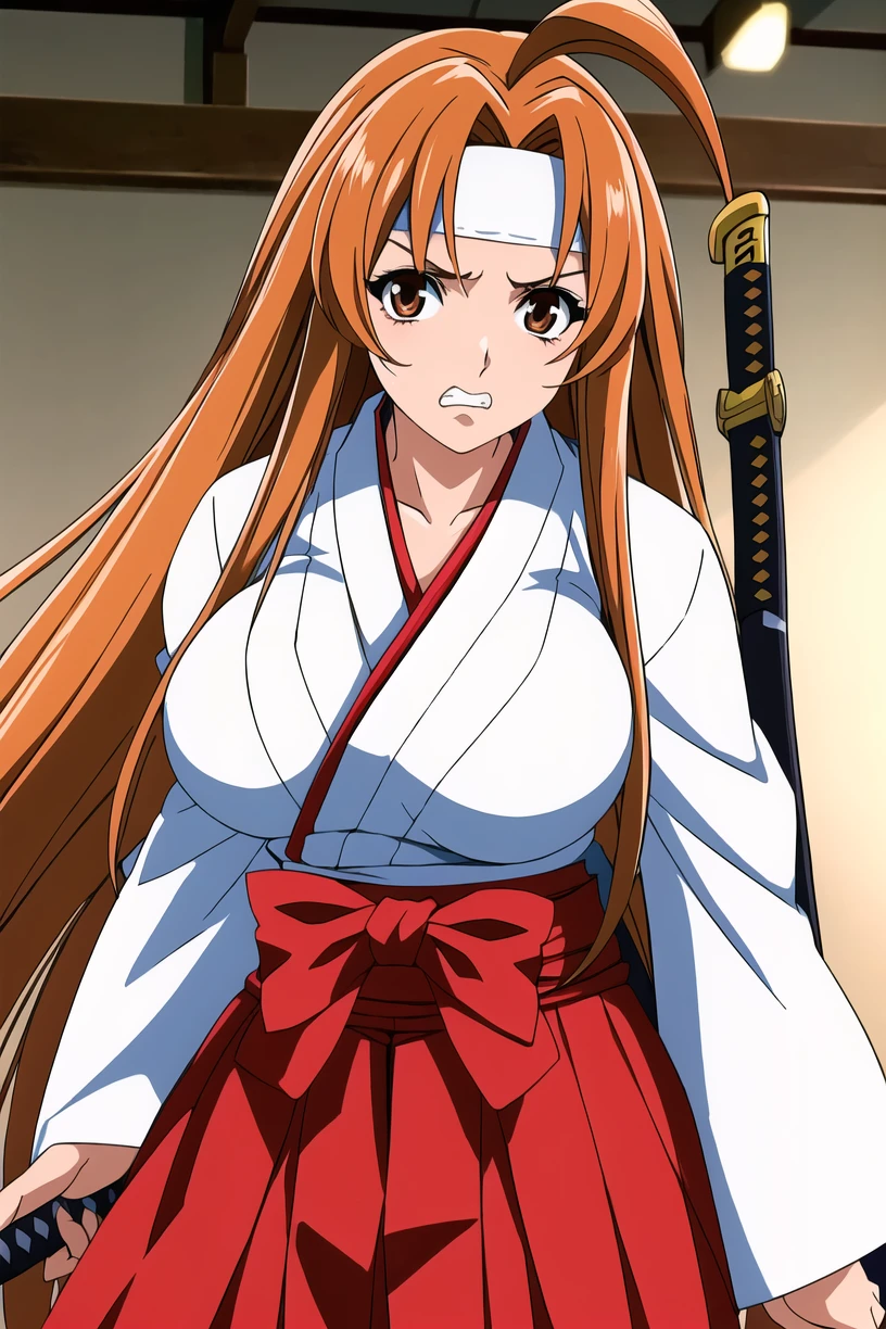 best quality,masterpiece,looking at viewer,absurdres,1girl,
depth of field,<lora:016-天ä¸å¤©ä¸-æ£äºå¤V2-000012:0.7>,natsume aya,orange hair,long hair,brown eyes,breasts,ahoge,large breasts,weapon,sword,headband,japanese clothes,orange hair,katana,hakama,hakama skirt,clenched teeth,