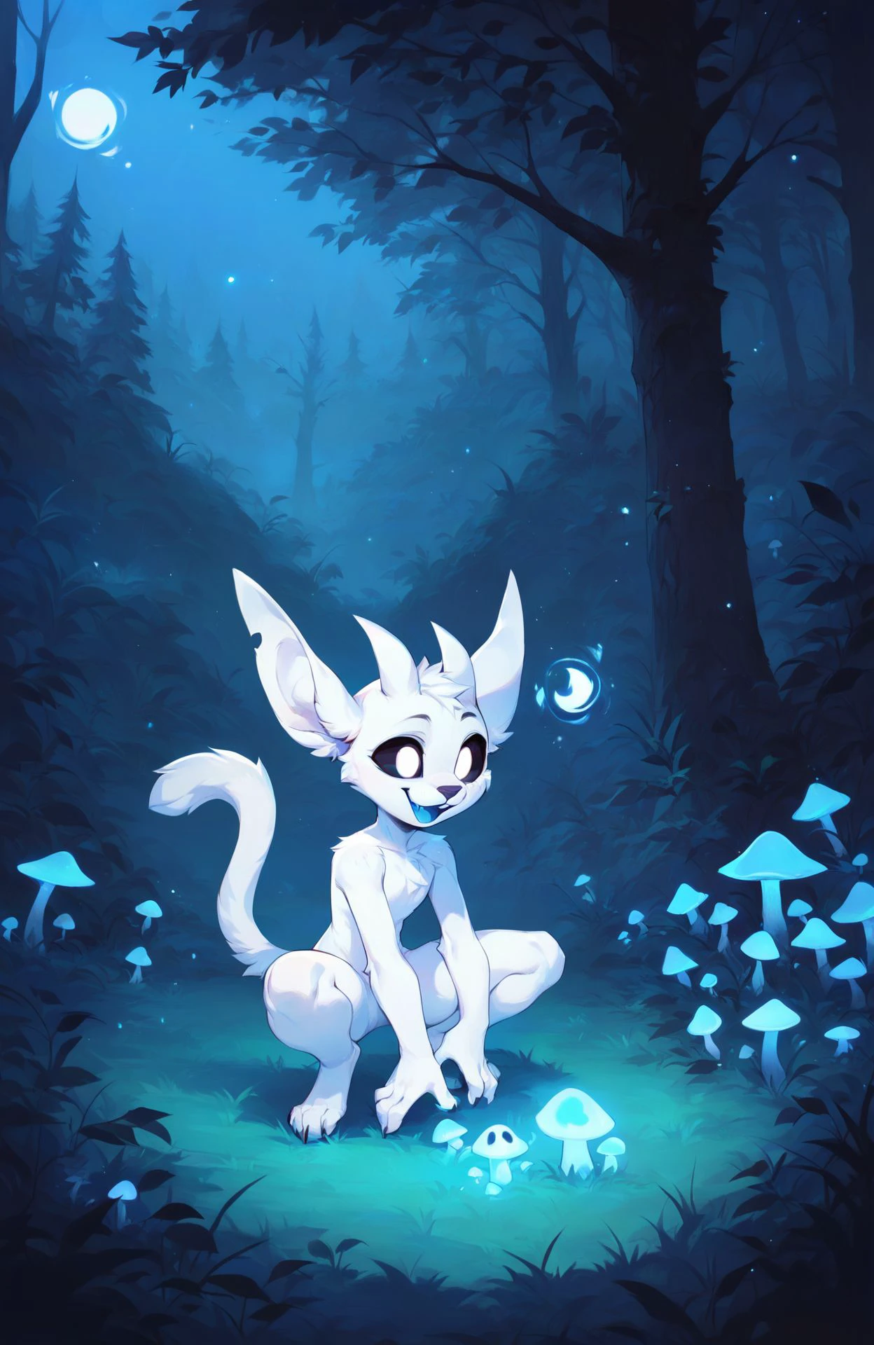 <lora:Ori:0.8> ori, black sclera, white eyes, white fur, solo, smile, open mouth, sitting, full body, outdoors, tree, no humans, night, grass, nature, forest, blue theme, mushroom , furry, crouching, spirit, ghost,, score_9, score_8_up, score_7_up, score_6_up, score_5_up, score_4_up, ponypositive,