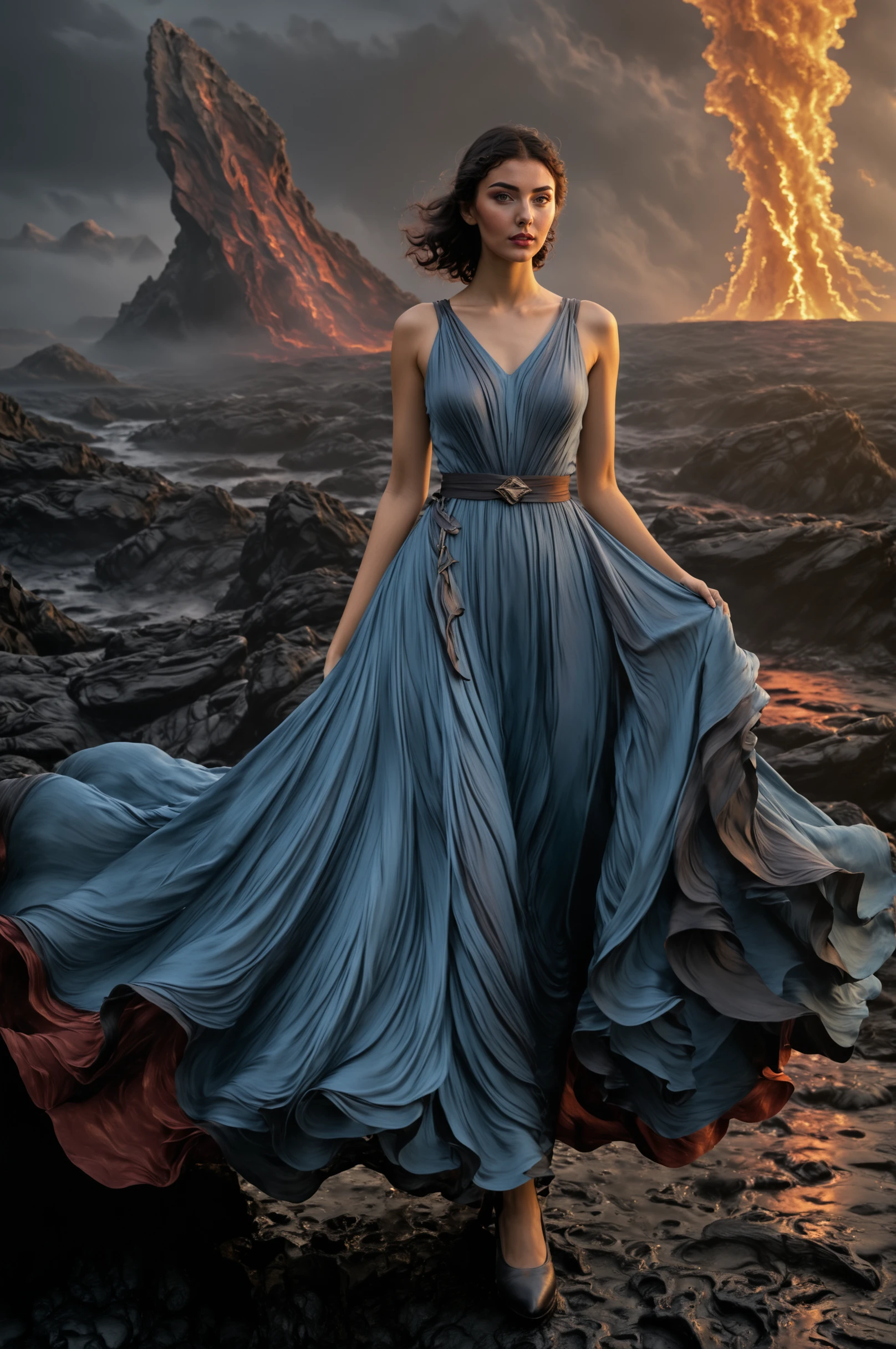 Girl in a Lavadress, Backround Vulcan, mystic,  <lora:LavadressXL:0.8>