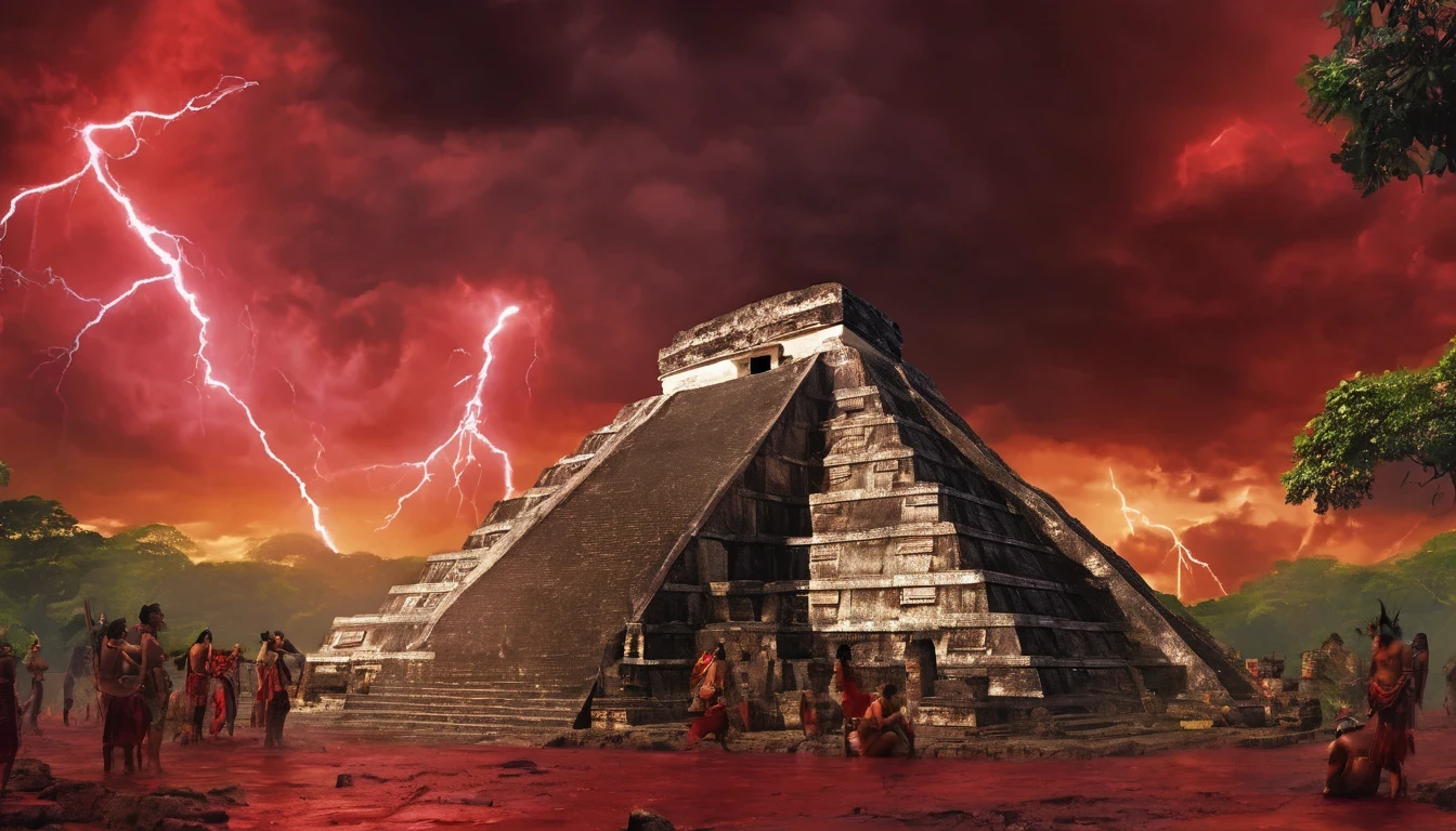 Maya civilization, apocalipse ritual, scared, magic, mystical, ritualistic, severed head, human sacrifice, storm, lightning, rain, demon, apocalypse, maya people, chaos, red sky, cinematic lighting, Ultra-Wide Angle, panorama, UHD, retina, masterpiece, super detail, award winning, best quality, 4K