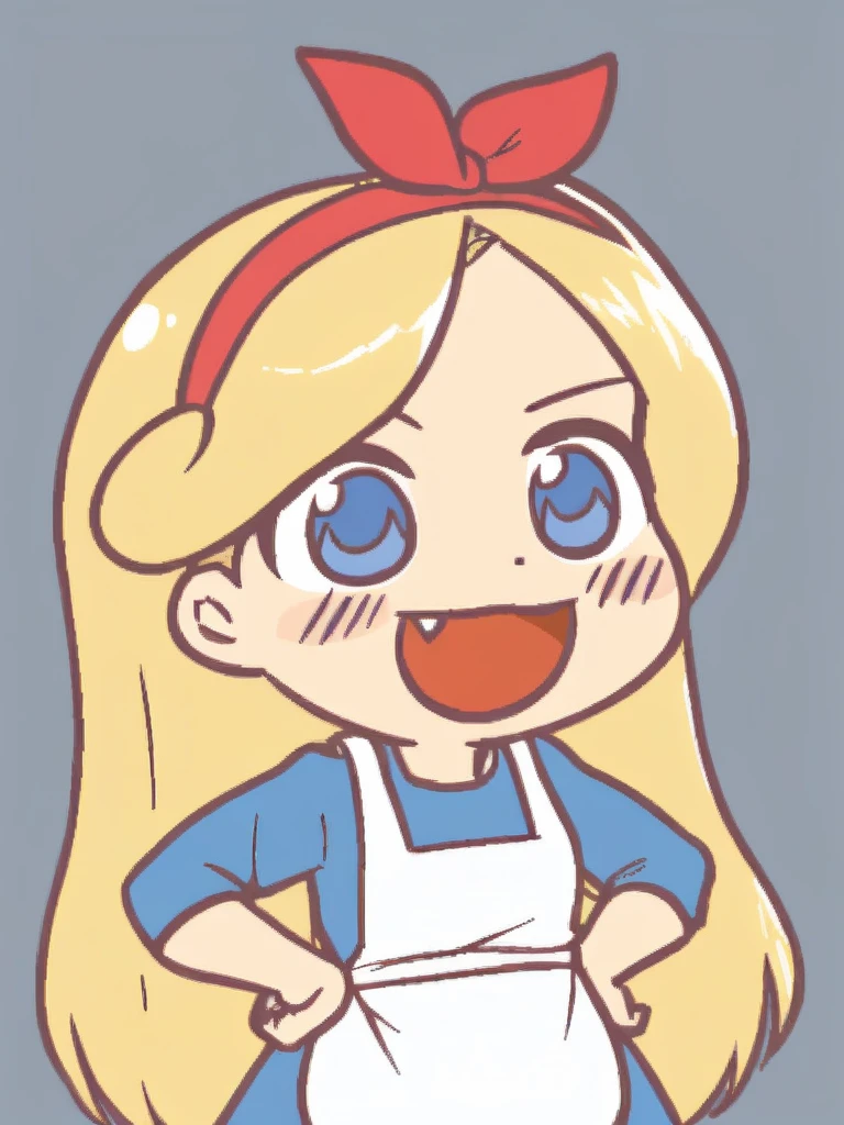 <lora:Ikiyouz-PonyXL-1024px:0.9>
score_5, score_6, 
1girl, solo, standing, hands on hips, chibi, blue dress, white apron, long blonde hair, blue eyes, red hairband, smile, open mouth, fang