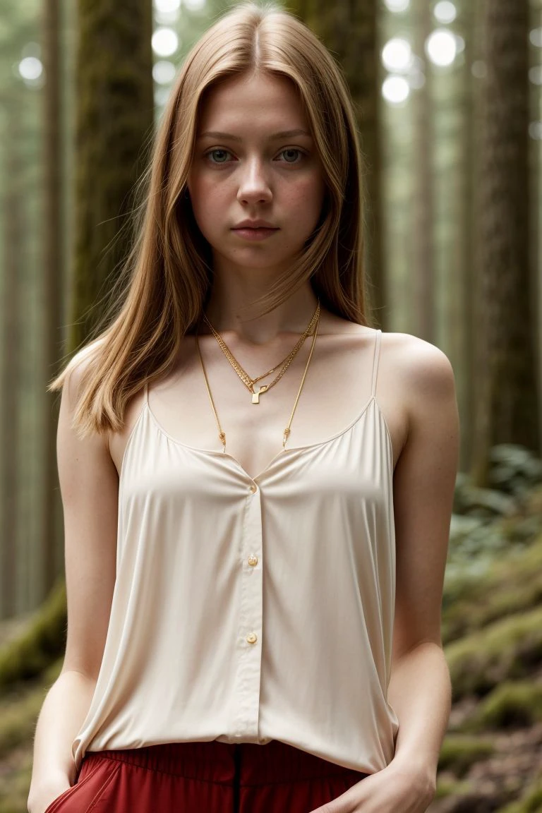 European woman, closeup, (shirt), pants, (Olympic national park), gold necklace , ZM_tina, wide shoulders, perfect face, (contact iris: 1.1), pale skin, skin pores , depth of field