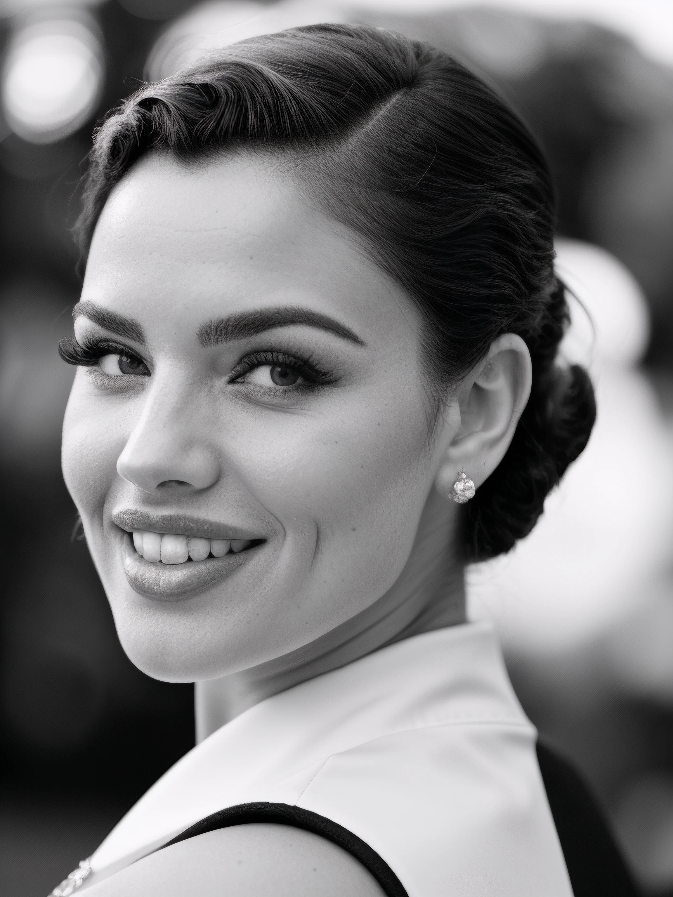 eizag, monochrome, portrait, 1950s hairstyle, 50s makeup, jewelry, formal hairstyle, glamour, headshot, (looking at viewer), parted lips, fujifilm, masterpiece, photograph, <likenesshelpbyshurik3>:0.7, (film grain):1.7, traditional media, (bokeh background:1.3)