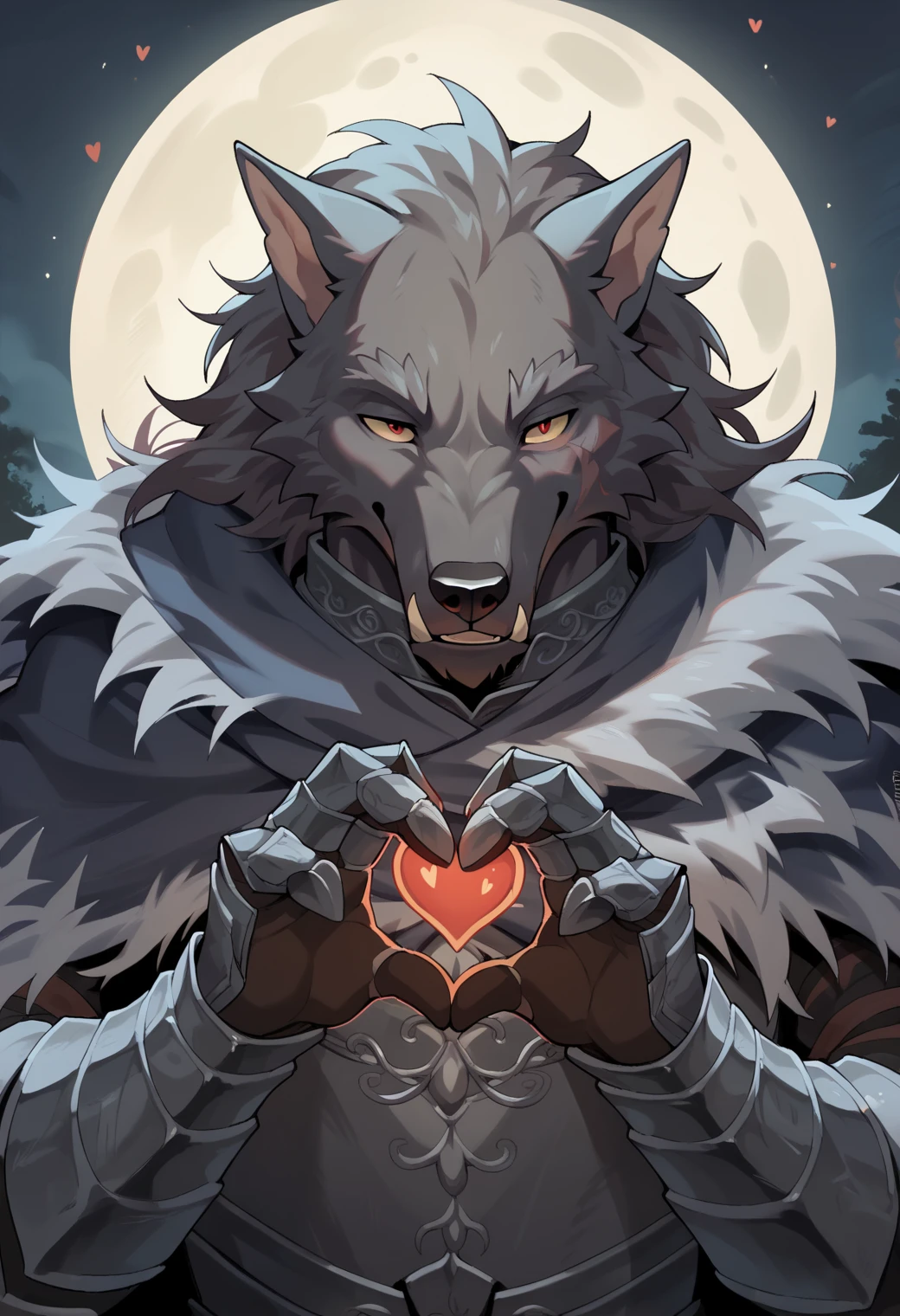 score_9, score_8_up, score_7_up, rythblaiddpony, blaidd \(elden ring\), 1boy, wolf knight, upper body, heart with hands, kawaii, full moon, moonlight, looking at viewer, smiling, red eyes, night, gauntlets, colorful, <lora:blaiddpony:1>