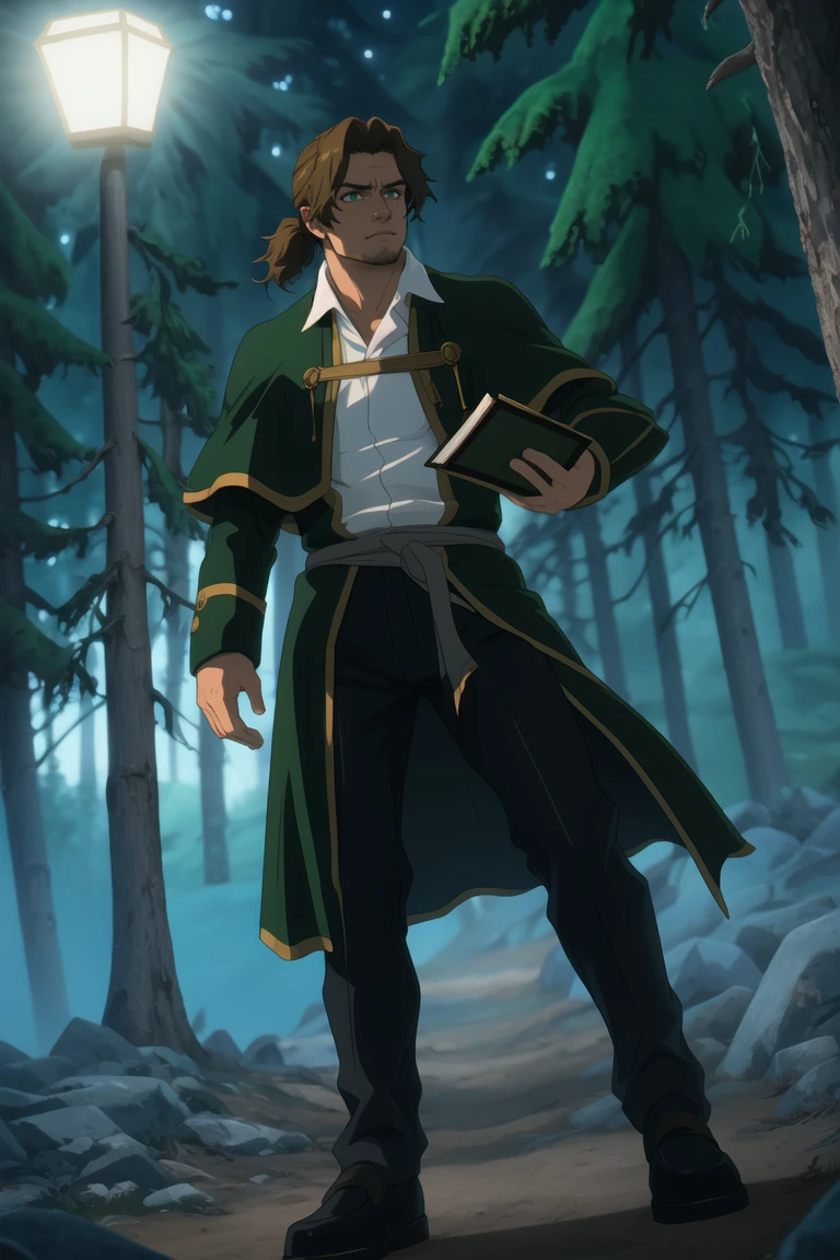 solo male, Sein \(Frieren: Beyond Journey's End\), priest, brown hair, low ponytail, parted bangs, thin hair, stubble, green eyes, white collared shirt, (shirt white hems, untucked shirt:1.3), dark coat with a golden accent, dark capelet, dark sleeves, black pants, black footwear. open coat, mature, handsome, charming, alluring, serious, intense eyes, look at viewer, fighting stance, light beam, (night, dark) holding a book, magic, glowing, perfect anatomy, perfect proportions, best quality, masterpiece, high_resolution, dutch angle, cowboy shot, photo background, forest, Balance and coordination between all things), real light and shadow, perspective, composition, adventurous, energy, exploration, contrast, experimental, unique, cinematic, atmospheric, epi, ultrarealsitc<lora:EMS-360624-EMS:0.800000>, <lora:EMS-498-EMS:0.800000>