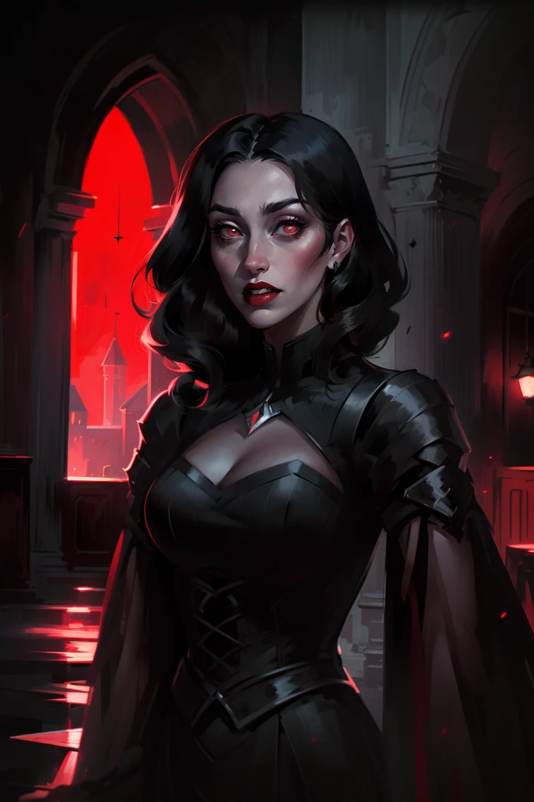 portrait of vampire queen standing in dark, black hair, no pupils, no sclera, red lips, fangs, castle indoors, moonlight, particles, night, dark scene, <lora:sxz-RED-x:0.8>  red, black, color contrast, dark scene, spot color, reflective,