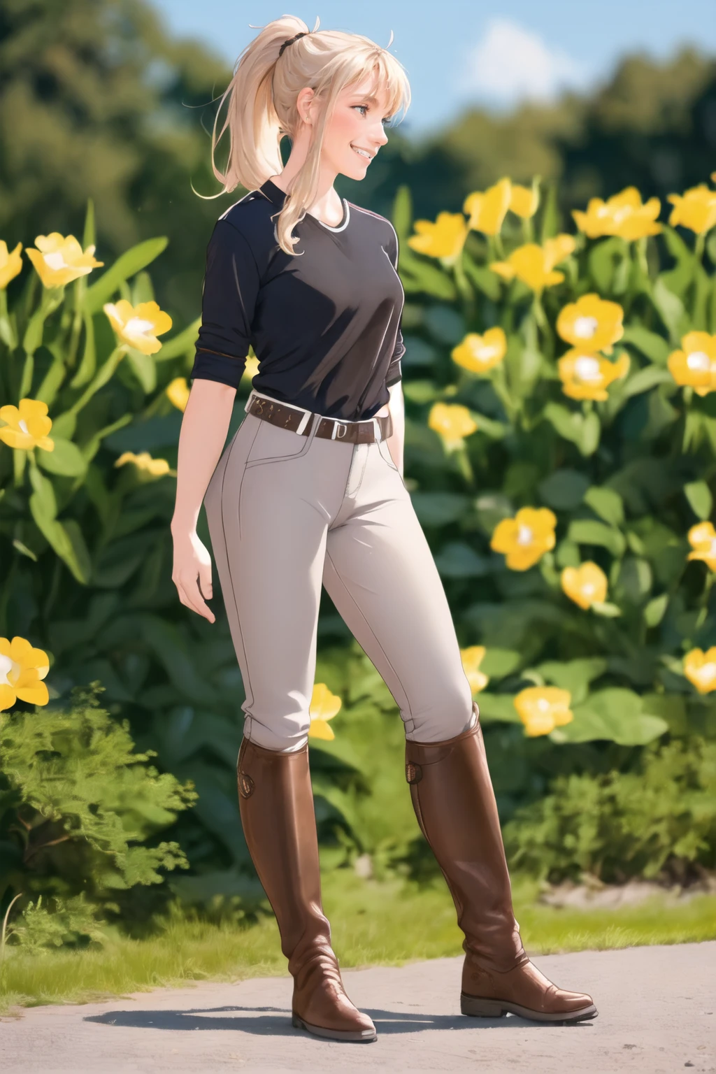 (full body shot:1.2) of a beautiful German woman with brown-ponytail, irresistible, cute smile, wearing riding pants with boots, btridpabo, shirt, stable background, (casual:1.2), pale skin, blush, detailed skin, innocent, <lora:detail_slider_v4:1>, <lora:btridpabo:0.7>