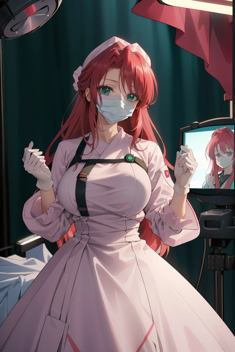 (RAW photo, best quality), (1girl), operating room, overhead surgical light,blurred background, focused,
 <lora:Hands_UP_V2.0-000006:0.8> hands_up_surgeon, looking at viewer, surgical mask, gloves,long dress, long sleeves,bouffant cap,
 <lora:YuuMikihara:0.7> (yuumikihara, red hair, 1girl, solo, green eyes, long hair, large breasts, lipstick),