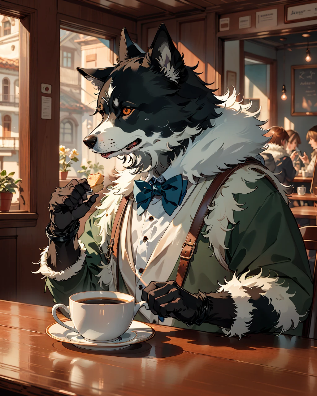 best quality,masterpiece,highly detailed,ultra-detailed, furry
dog, shirt, at cafe afernoon tea,mug,fur gloves,food,bowtie, fur trim, 
 <lora:neg9V2_last:0.5>  
 <lora:furrytale:1>