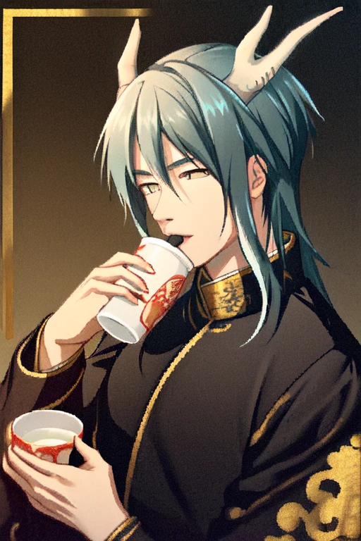 (masterpiece),(best_quality),1boy,Nanda,front hair,aqua hair,black jacket,chinese clothes,drinking tea,<lora:Nanda_1-5:1>,