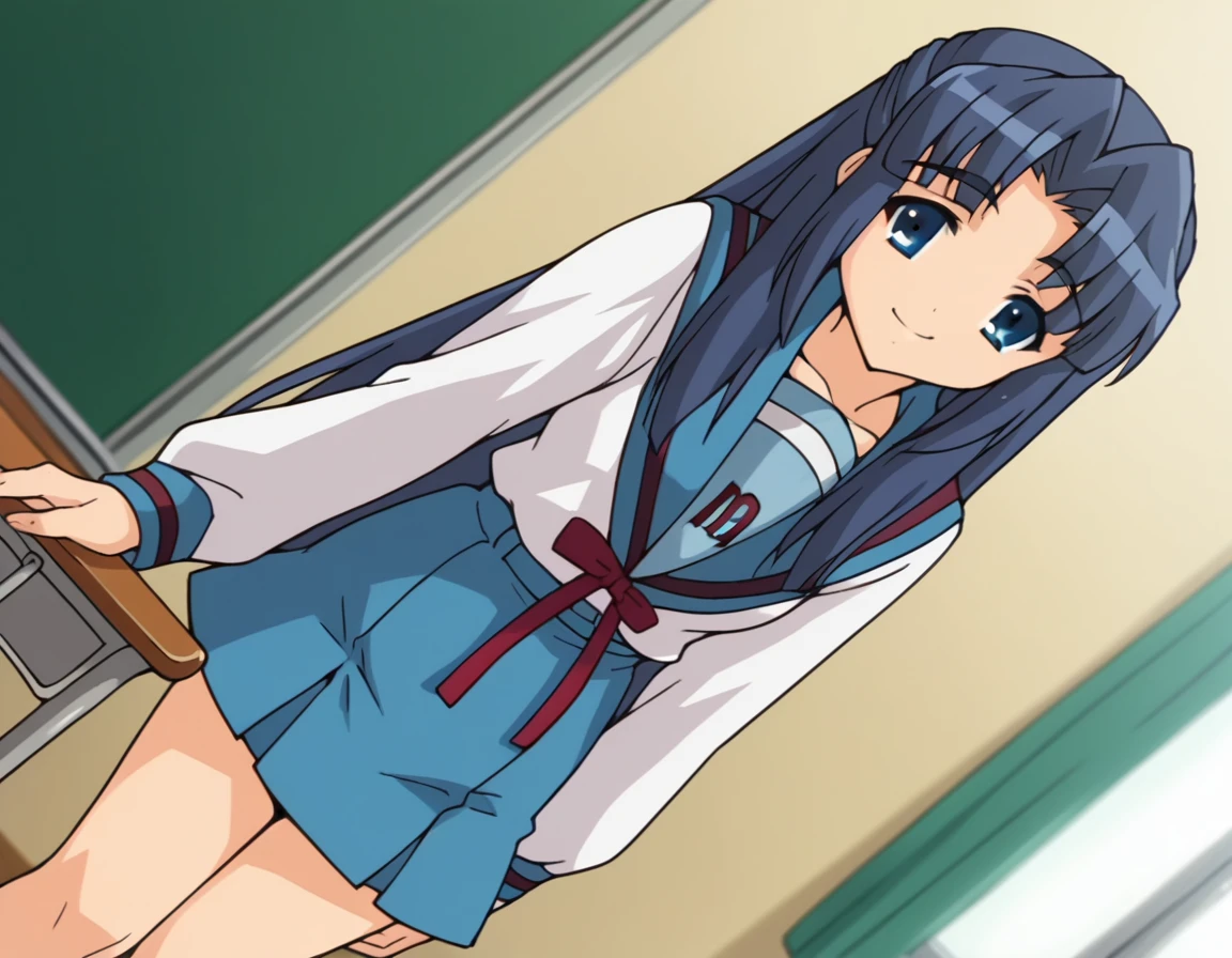 score_9, score_8_up, score_7_up, source_anime,
ryoukoasakura, <lora:ryouko-asakura-s1-ponyxl-lora-nochekaiser:1>,
ryouko asakura, long hair, blue eyes, blue hair, half updo,
skirt, long sleeves, school uniform, serafuku, sailor collar, blue skirt, blue sailor collar, winter uniform, kita high school uniform,
indoors, classroom, bent over, smile,
looking at viewer, dutch angle, cowboy shot, solo,
