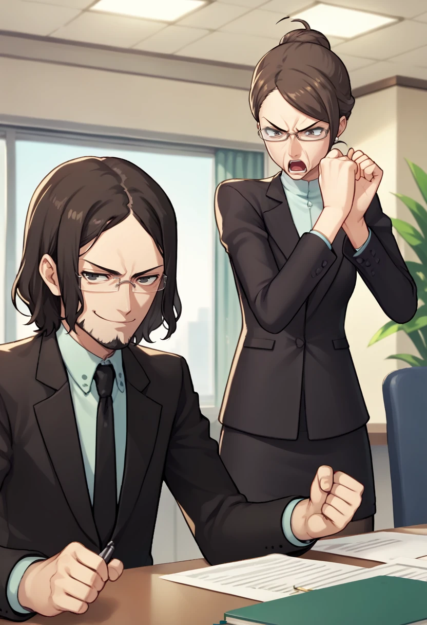 score_9, score_8_up, score_7_up, source_anime, 1boy, 1girl, indoors, office, BREAK
1boy, upper body, smug, smirk, looking at you, <lora:ZenkichiP5S-pdxl:1> defZenkichi, glasses, beard, formal, suit, jacket, necktie, BREAK
1girl, full body, angry, shouting, clenched hand, <lora:zs_KaburagiXL:1> kaburagip5s, short hair, hair bun, glasses, brown eyes, mature female, blazer, shirt, pencil skirt, black pantyhose, high heels