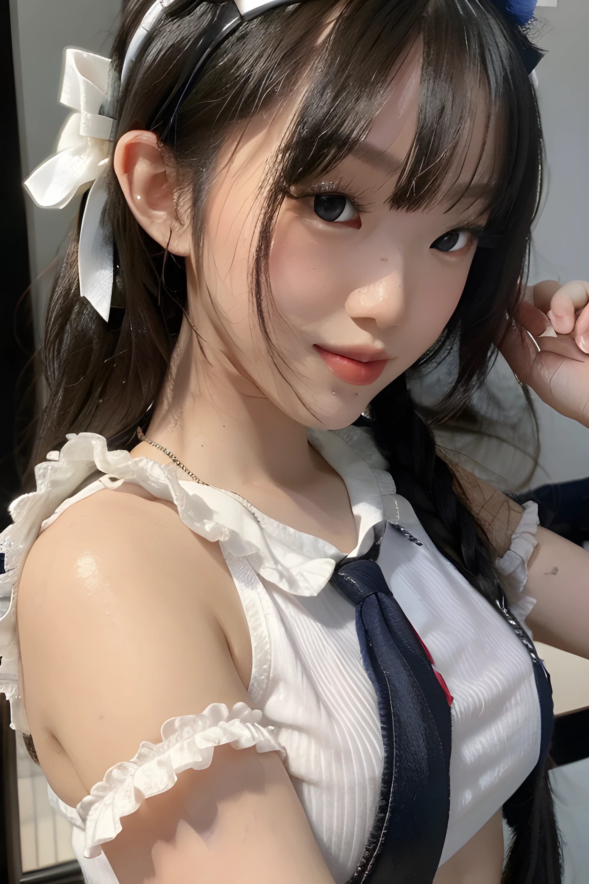 Melhor qualidade, , black hair, long hair, baby face, pequena, linda, sorrindo, corpo todo, nova, peito pequeno, mostrando o peito, hair styled with small bow, foto, mostrando o corpo, em casa, luz real, realista, bem detalhado, good lighting environment, abajour, nua, sem roupa, pantyhose,