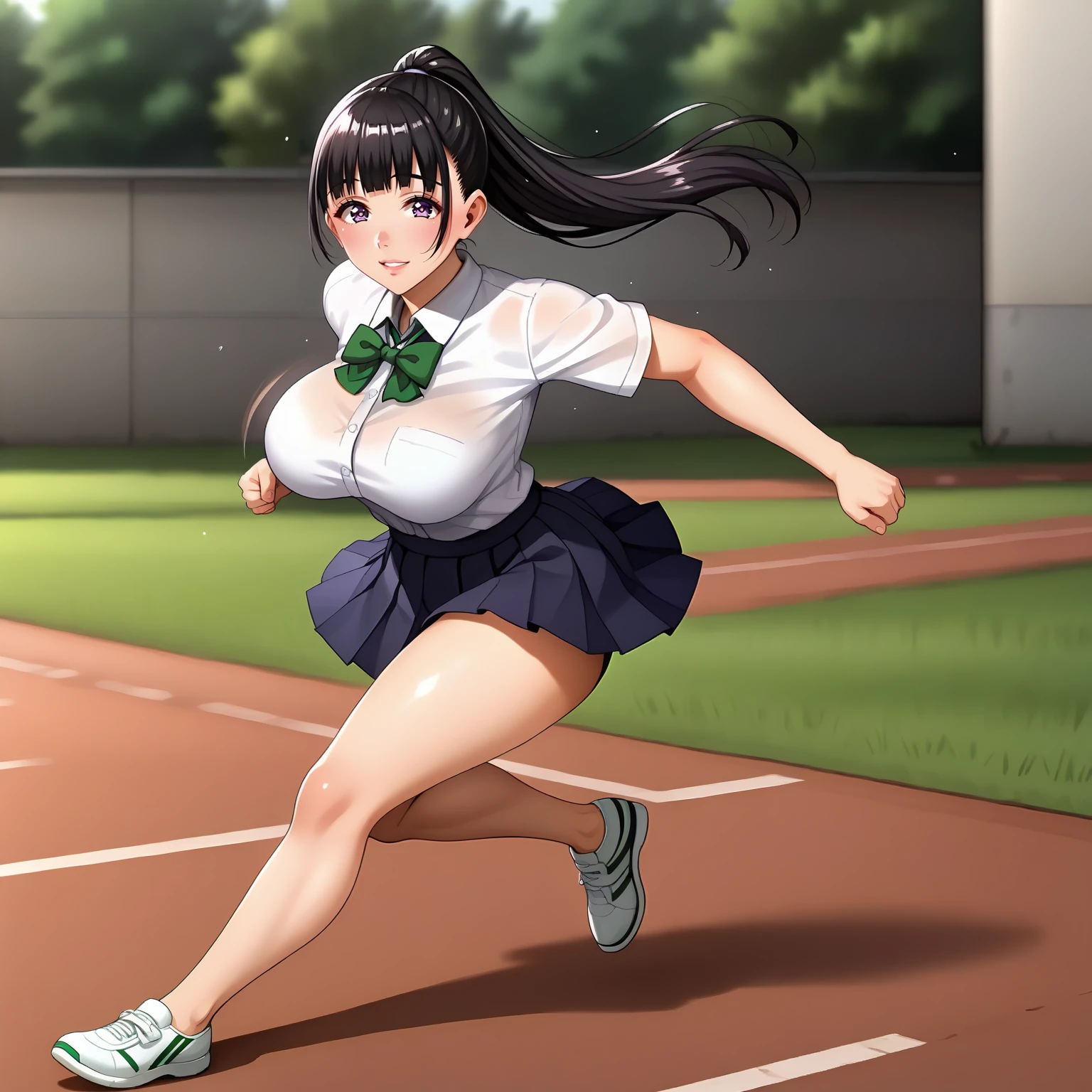 <lora:YuiTachibanaXLpony001>,looking at viewer,smile,parted lips,
solo,
YuiTachibana,1girl,black hair,ponytail,purple eyes,
large breasts,
white shirt,green bowtie,
pleated skirt,thigh,
full body,running,motion_blur,breasts swinging up and down,