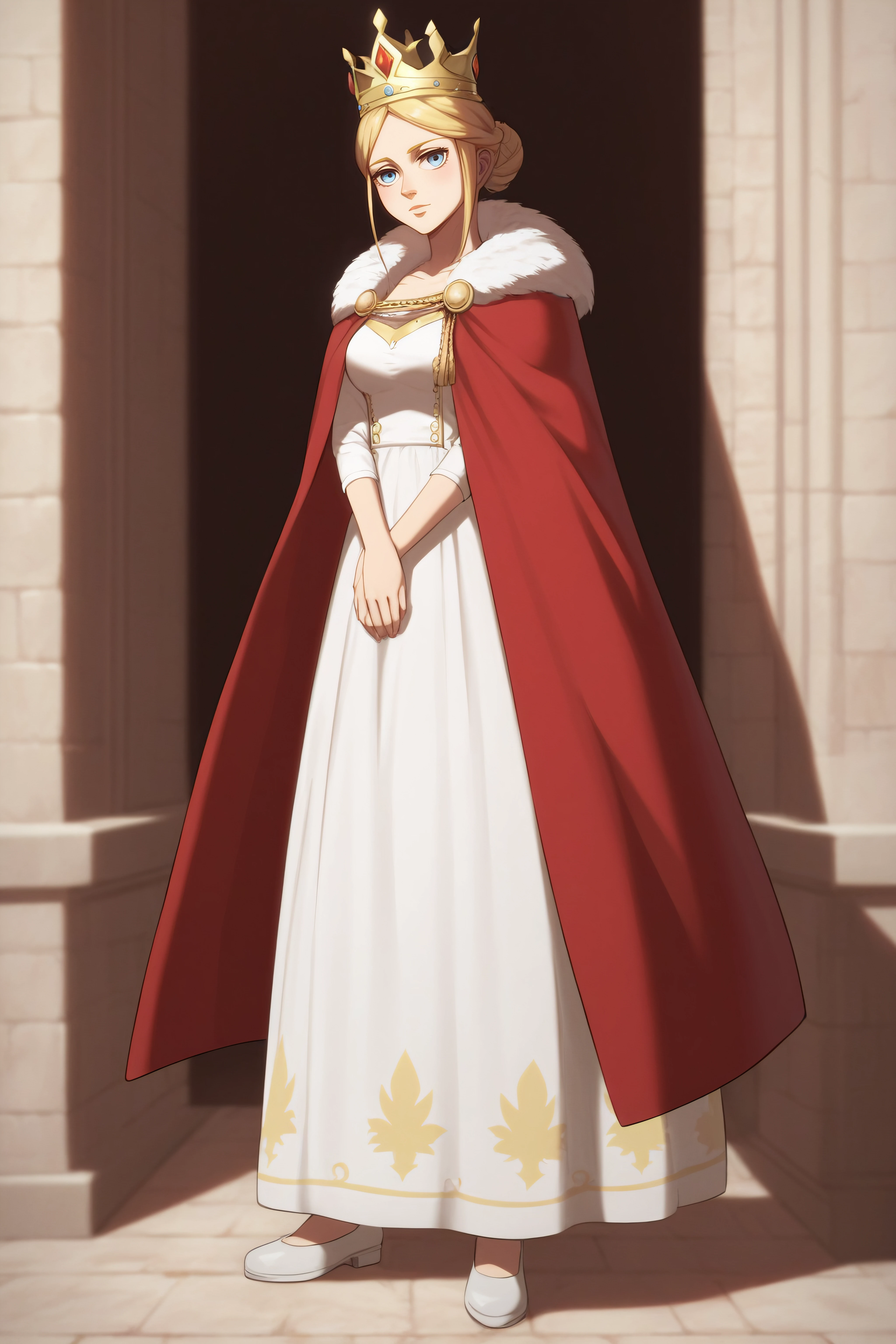 score_9, score_8_up, score_7_up, BREAK source_anime, <lora:historia reiss-PonyXL-lora-Faxtron:0.8> historia reiss, hair bun, medium breasts, long white dress, red cape, fur trim, crown, white shoes,