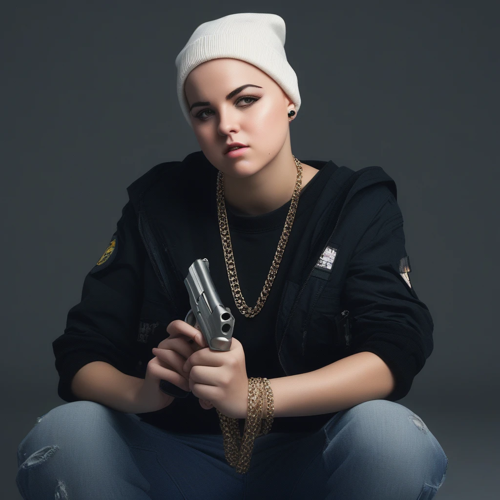 beanie, real life insert, buzz cut, simple background, midriff, portrait, very short hair, sitting, necklace, black eyes, gun, solo