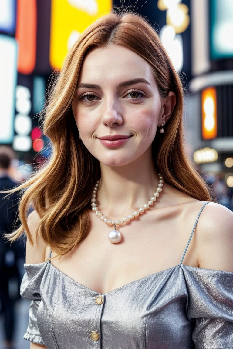 European woman, closeup, (shirt), pants, (times square), pearl necklace , ZM_lydia, wide shoulders, perfect face, (contact iris: 1.1), pale skin, skin pores , depth of field