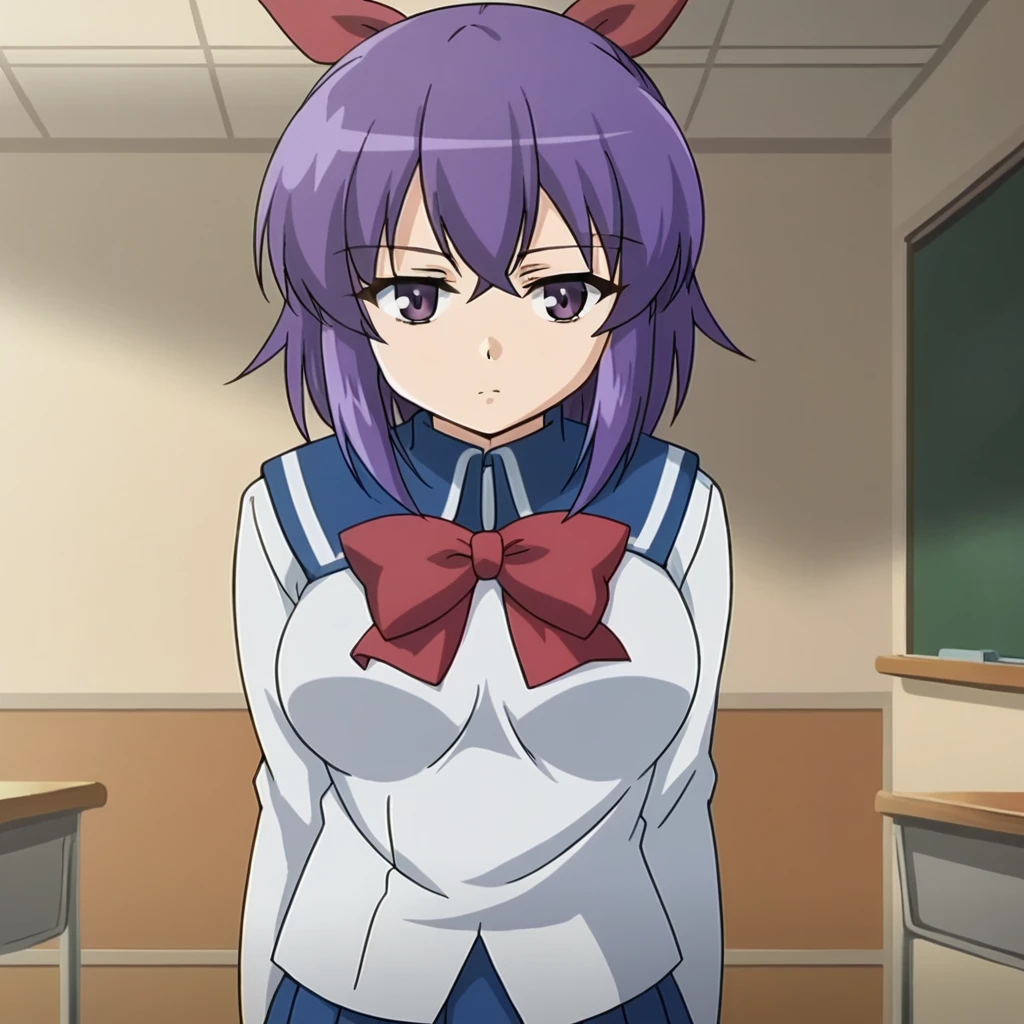 <lora:Fujino Shion - Hatsu Inu-000003:1>, FujinoShion, 1girl, solo, hair ribbon, classroom, standing, school uniform, serafuku, long sleeves, skirt, red bow, red bowtie, arms at sides, cowboy shot, breasts, expressionless, <Test2>