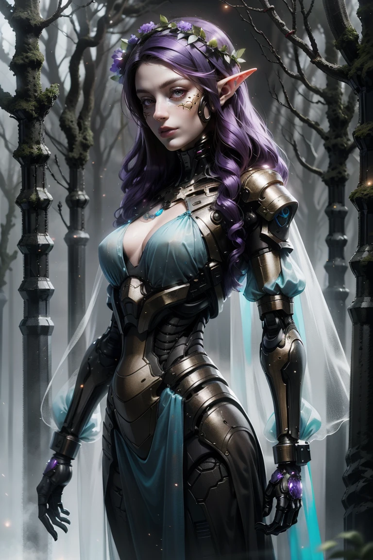 cowboy shot of beautiful elf queen, purple hair, ornate cyan dress with puffy sleeves, see-through sleeves, head wreath, particles, dark forest, night, fog, <lora:sxz-cyberpsycho-x:0.8> exoskeleton, cyborg, mechanical parts,