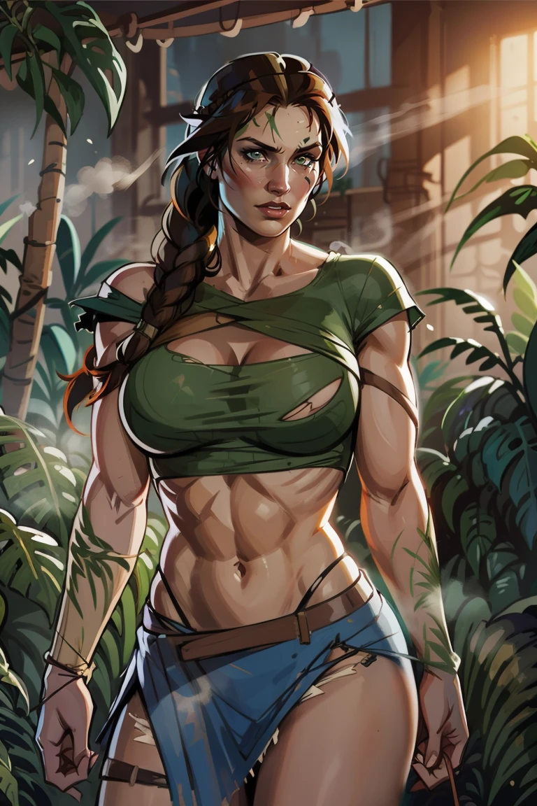 Completely naked, nude, brown nipples, vagina, labia, whorish;(sexy, eye-catching, seductive) tomb raider, single braid  ponytail (adventurous, determined) expression on her face, (long, flowing) brown hair, (fit, athletic) physique, (confident, powerful) posture, (visually stunning, vibrant) jungle background, (sunlight streaming through the trees, casting dramatic shadows), (crumbling ancient ruins in the distance), (mystical, hidden) artifacts, (exotic, dangerous) wildlife, (authentic, photorealistic) art style, (vivid, saturated) colors, (dynamic, dramatic) lighting, (best quality, high-res) image, (ultra-detailed, sharp focus) on the character, (professionally rendered, realistic) textures, (bokeh) effect for depth of field, no tattoos, huge round breasts, rear view, show butt, short shorts