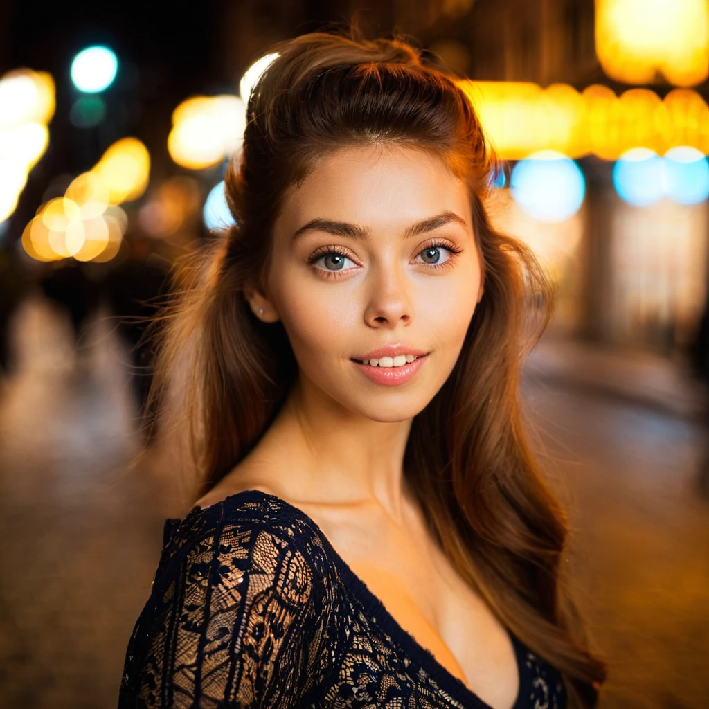 embedding:trained/sdxl/p2/alissa-foxy-000009 posing for a photo in a city, natural, beautiful eyes, perfect teeth, [imperfections], 100mm f/2.8 macro lens, film grain, candid camera, color graded cinematic, 1960s vintage RAW photo, eye catchlights, catchlights in eyes, dramatic lighting, atmospheric lighting, rembrandt lighting, realistic