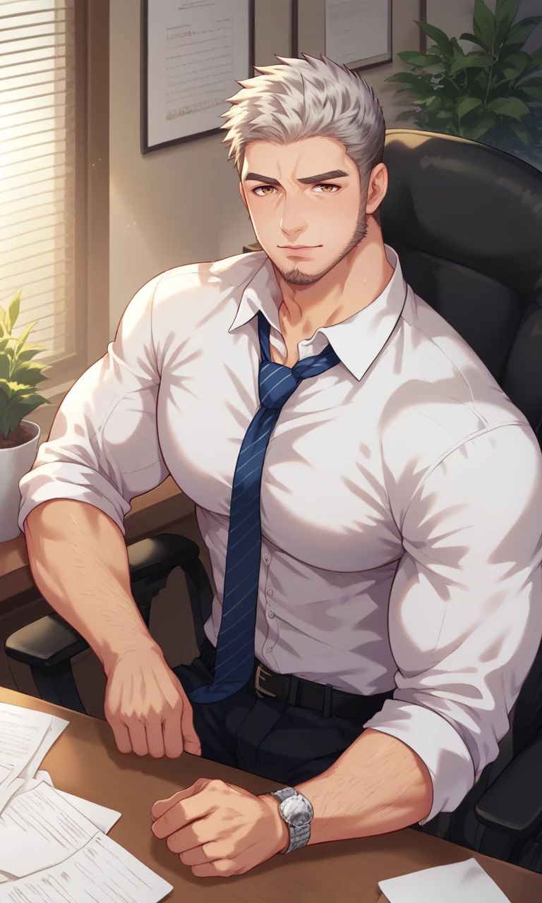 score_9, score_8_up, score_7_up, masterpiece, best quality, lots of details, close-up, dynamic view, ((1boy)), goro, mature male, male focus, closed mouth, muscular, shaded, sitting on a chair at the table, office chair, wooden wall, white shirt, detailed shading, detailed skin, shaded skin, realistic shading, looking at viewer, Expressiveh, countershading:1.1, office, indoors plant, indoors,  <lora:add-detail-xl:0.7>, <lora:Smooth Anime 2 Style SDXL_LoRA_Pony Diffusion V6 XL:0.8>, <lora:Expressive_H:0.8>, <lora:Goro_XL_V10_OPT:0.9>