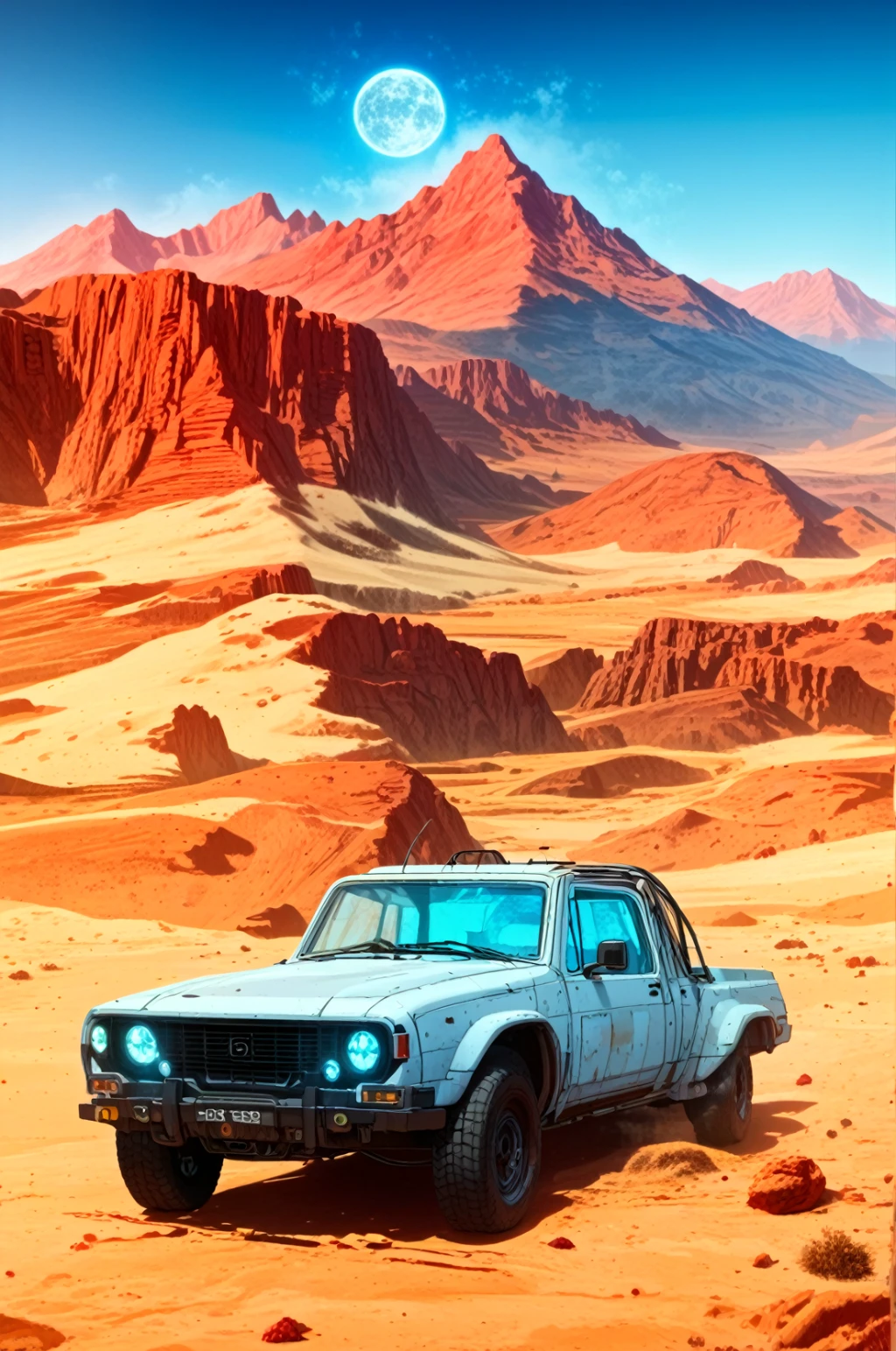 score_9, score_8, science fiction, kademoer, ground vehicle, desert, motor vehicle, no humans, dust