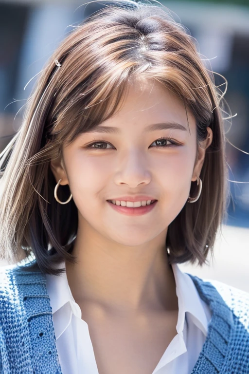 (masterpiece, best quality:1.4), 8k, highres, shiny skin, lips, super detailed skin, detailed beautiful face and eyes, spotlight, professional lighting, (full body), (medium breasts, sweater), realistic, jewelry, earrings, looking at viewer, sleeves past wrists, smile, (short hair, lips, brown eyes), (blue hair:1.4), street corner, jungyeonsan, <lora:jungyeon_v2:0.8>