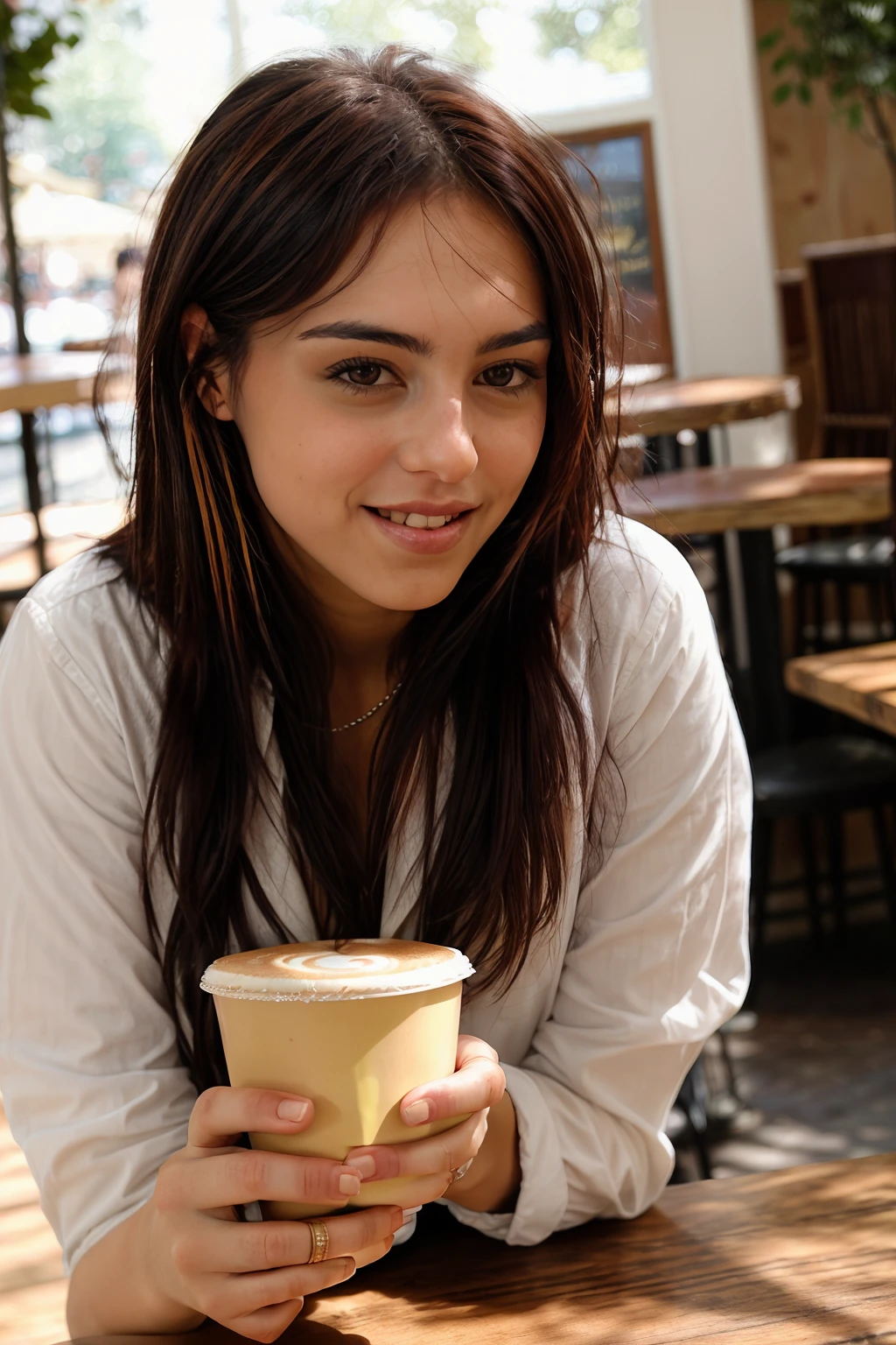 <lora:CherryPotter:0.8>, full color portrait of a young woman, having coffee at a posh cafe, smile, natural light, RAW photo, subject, 8k uhd, dslr, soft lighting, high quality, film grain, Fujifilm XT3