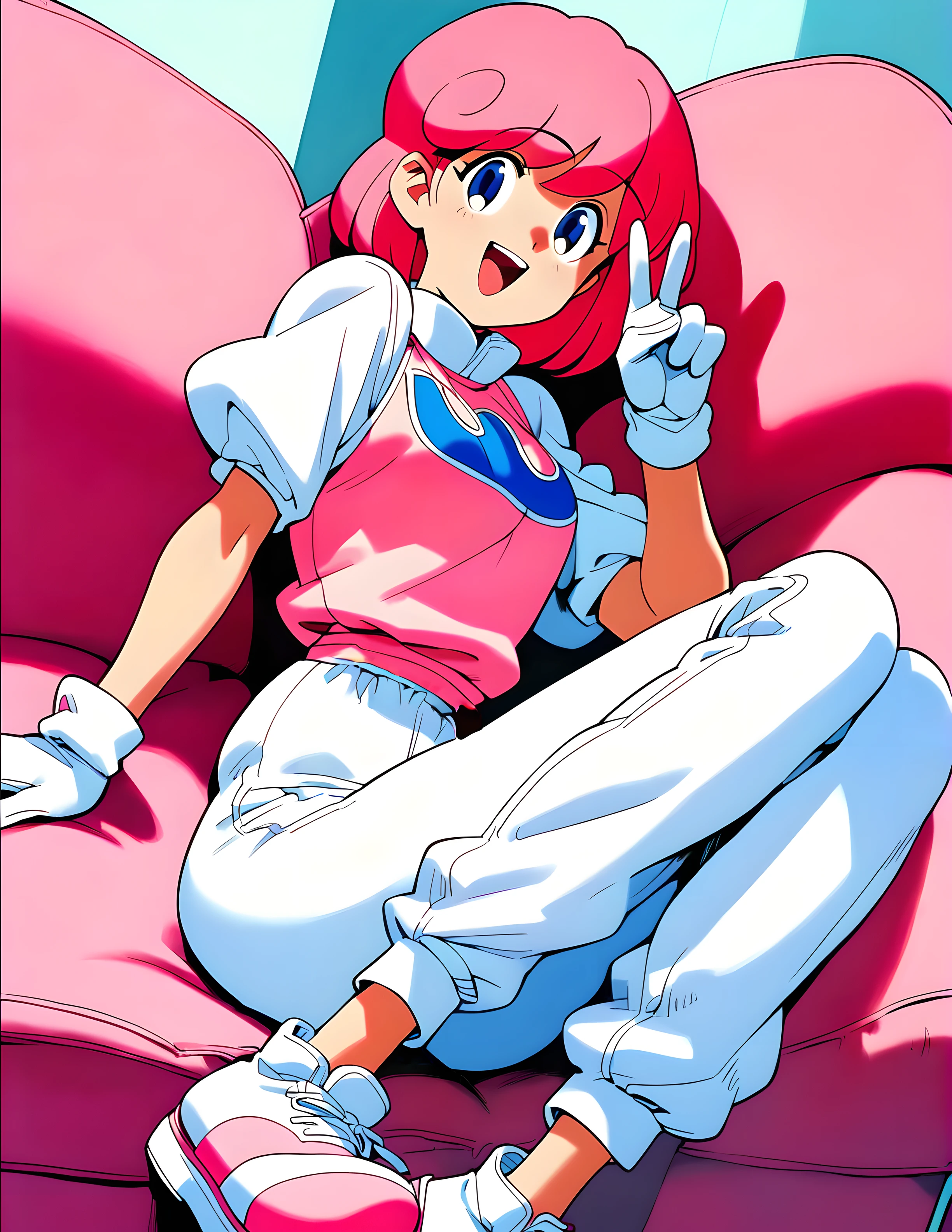 <lora:pony_xl_pastel:0.8>,pastel,score_9,score_8_up,score_7_up,source_anime,pink hair,1girl,looking at viewer,shirt,white puff sleeve,short sleeves,white gloves,white pants,shoes,white footwear,smile,:d,v,indoor,couch,sitting,knees_together_feet_apart,