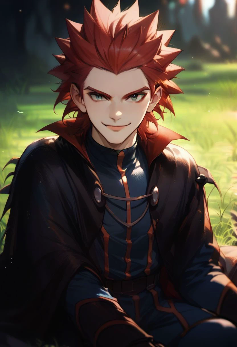 score_9,score_8_up,score_7_up,score_6_up,score_5_up,score_4_up, solo, 1boy, male focus, red hair, spiked hair, , blue bodysuit, long sleeves, black cape, smile, sitting, grass, outdoors, looking at viewer, hair slicked back