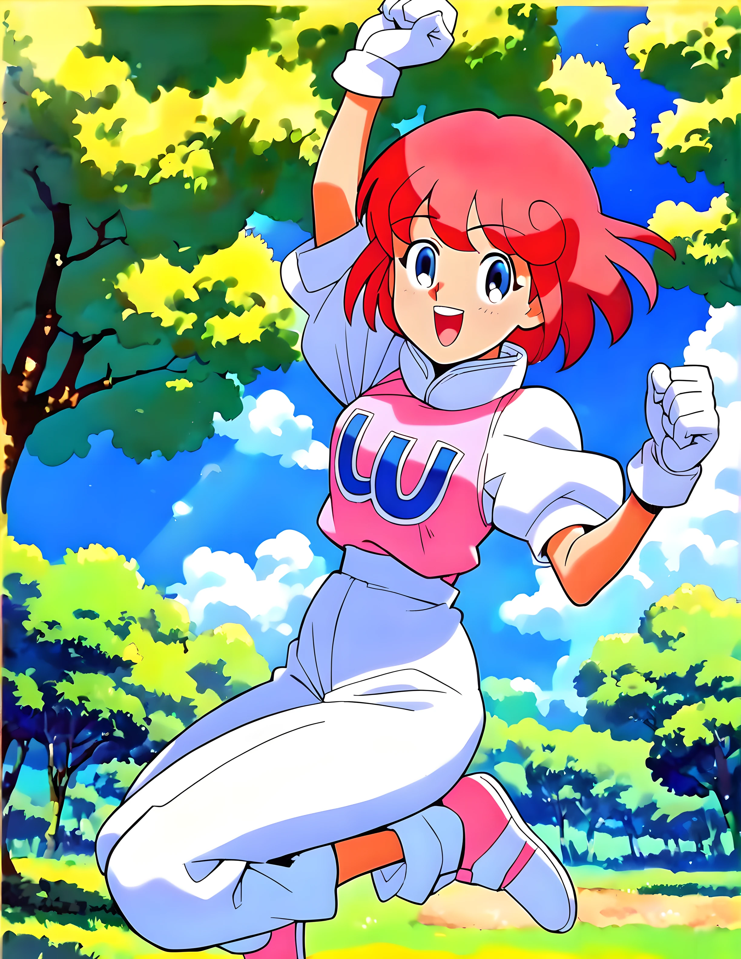 <lora:pony_xl_pastel:0.8>,pastel,score_9,score_8_up,score_7_up,source_anime,1girl,solo,looking at viewer,shirt,white puff sleeve,short sleeves,white gloves,white pants,shoes,white footwear,laughing,arm up,clenched hand,jumping,blue sky,nature,in a meadow,solar,lens_flare,