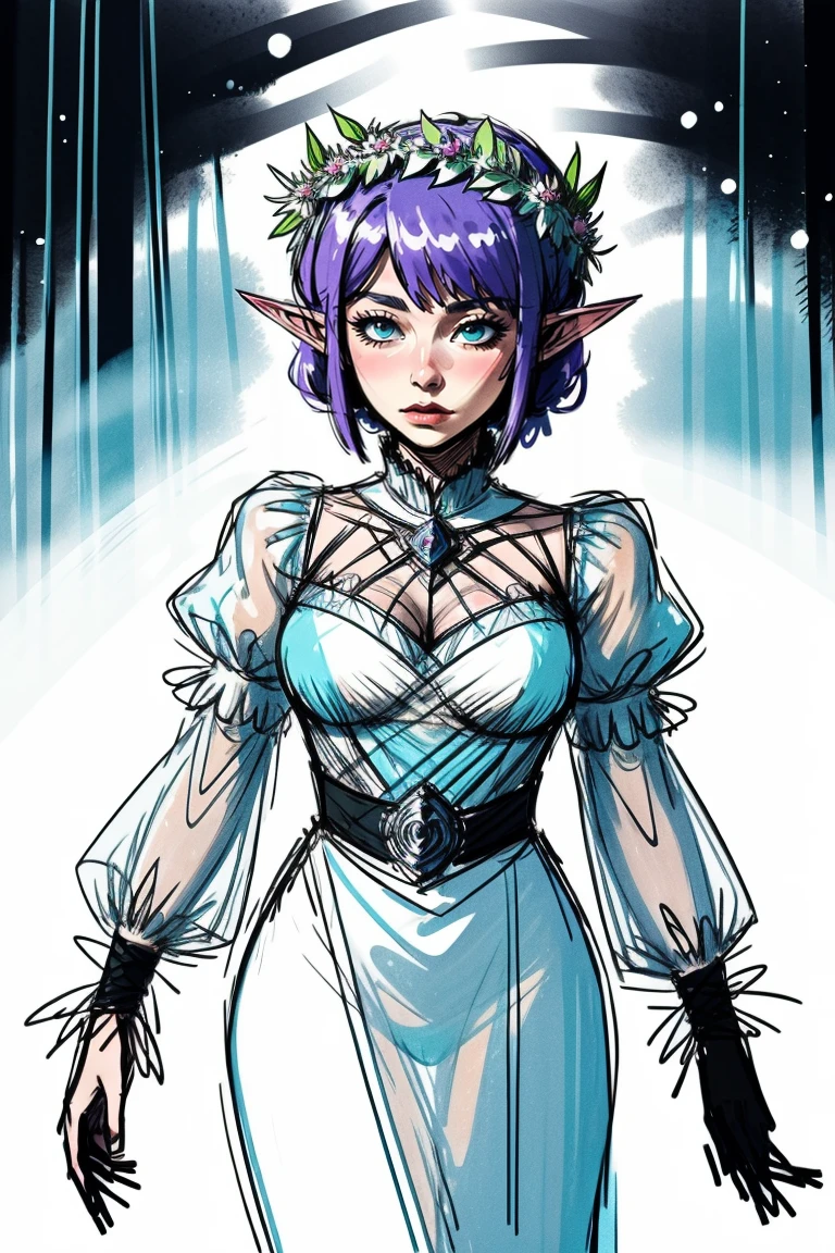 cowboy shot of beautiful elf queen, purple hair, ornate cyan dress with puffy sleeves, see-through sleeves, head wreath, particles, dark forest, night, fog, <lora:sxz-maznya-x:0.8> thick lineart, (bad quality, poorly drawing:0.8), scribble