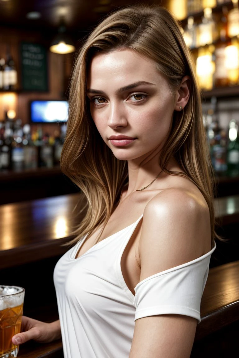 European woman, closeup, (shirt), pants, (at a bar), (), ZM_madison, wide shoulders, perfect face, (contact iris: 1.1), pale skin, skin pores , depth of field