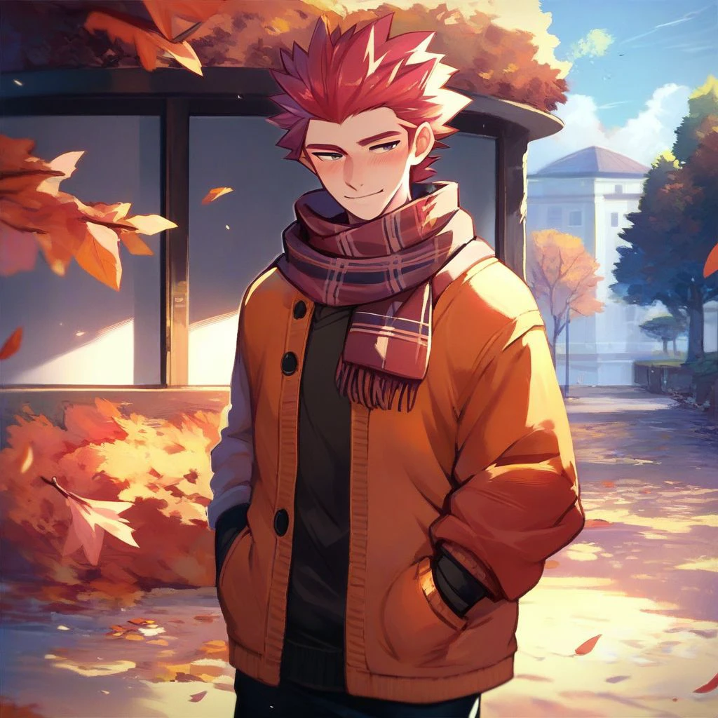 score_9,score_8_up,score_7_up,score_6_up,score_5_up,score_4_up, solo, 1boy, male focus, red hair, spiked hair, standing, half-closed eyes, blush, smile, scarf, cardigan, autumn, outdoors, hands in pockets