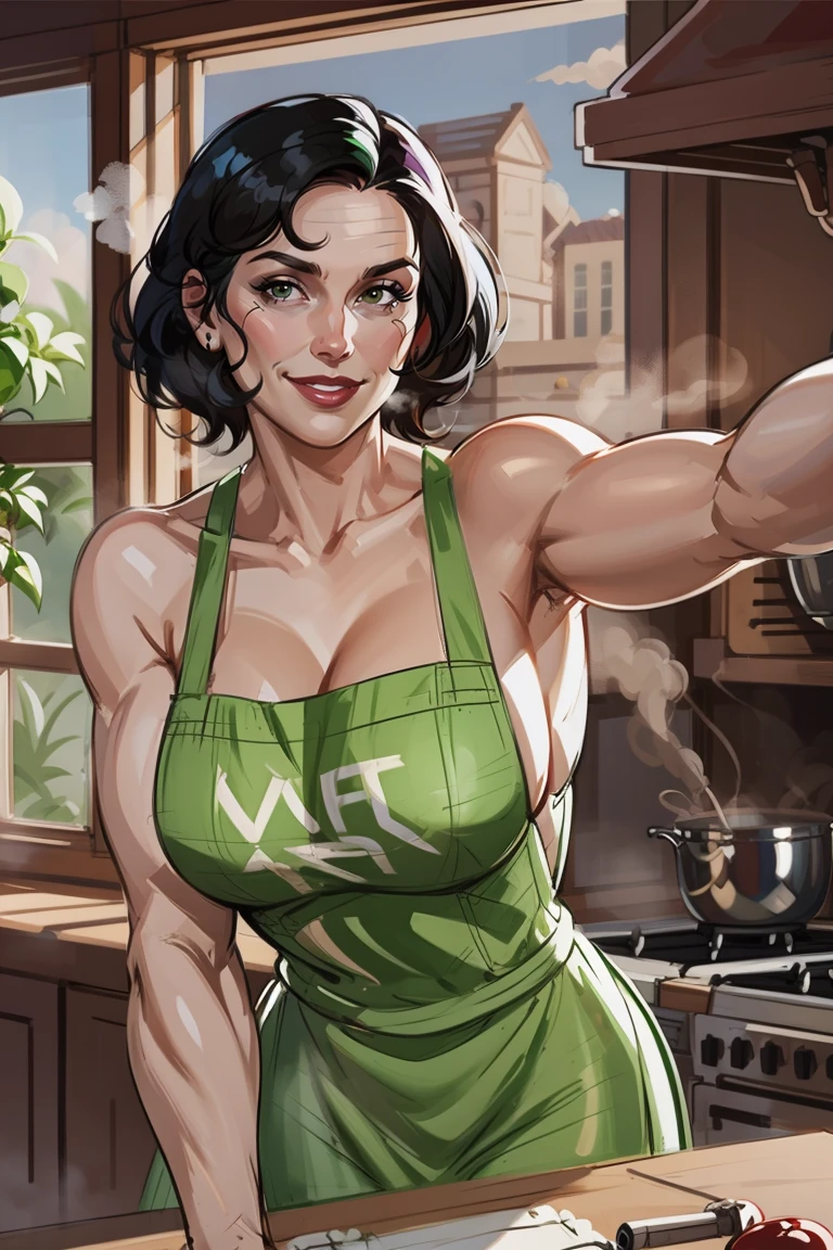 Aunt Cass from Big Hero 6, seductive 30 year old, brunette Bob hairstyle, hazel eyes, perfect breasts, model body, wearing a green tank top, hazel Bermuda shorts, posing, upper body, in the kitchen, smile
