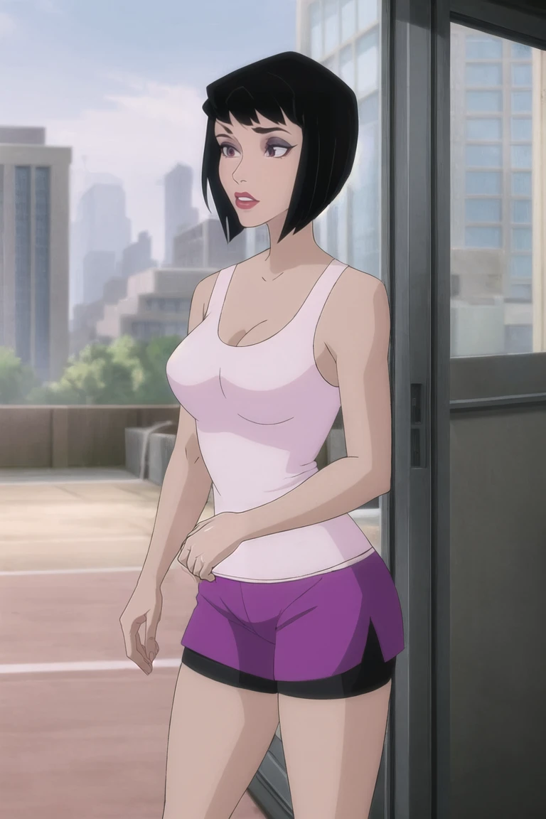 masterpiece, best quality, high quality, highres, indoors, 
Tank_Top_LoisLaneUnbound, www.ownwaifu.com,
1girl, black hair, short hair, breasts, cleavage, makeup, lipstick, medium breasts, purple eyes, lips, bangs, blunt bangs, collarbone, large breasts, nose, swept bangs,
tank top, shorts, purple shorts, bare shoulders, sleeveless, sleeveless shirt, sports bra, bike shorts,
<lora:CARTOON_DC_LoisLaneUnbound_ownwaifu-15:0.9>