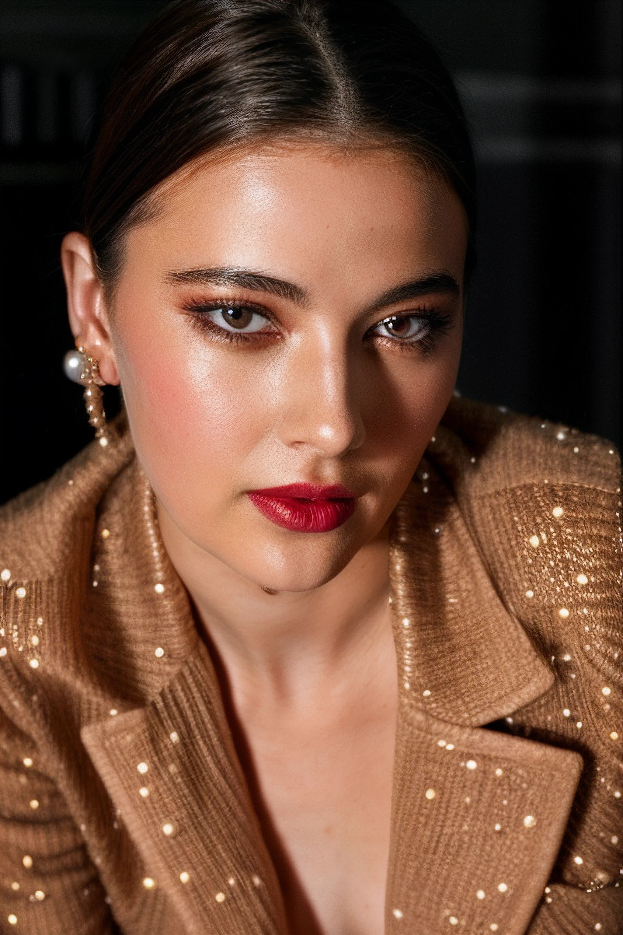 millieb, face, earrings, looking at viewer, photograph, jacket, pearl earrings, lipstick, high contrast, art photography, fashion photography,  detailed skin textures, pores, extremely detailed eyes, sparkles, (film grain:1.9), fujifilm, masterpiece, black hair, jewelry