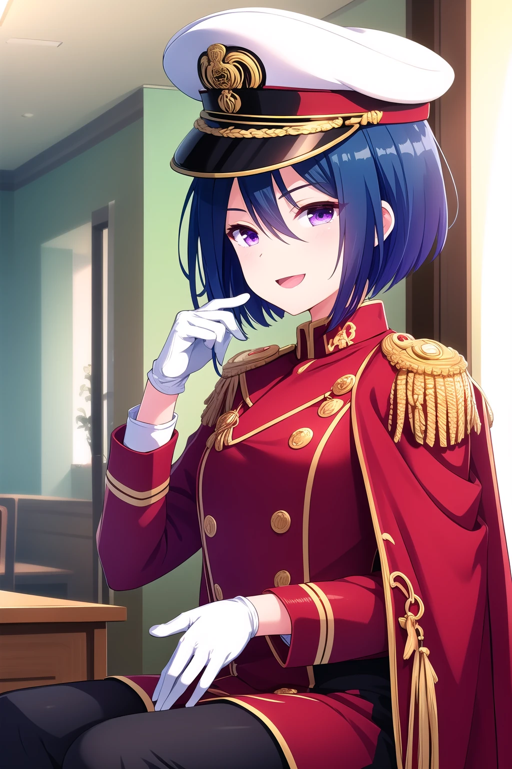 (masterpiece, best quality), highly detailed background, perfect lightingbest quality, hibaraeiko, solo, indoors, military, military hat, peaked cap, white headwear, blue hair, hair between eyes, short hair, purple eyes, small breasts, red cape, epaulettes, black jacket, white gloves, long sleeves, black pants, military uniform, smile, open mouth, :d, pink lips, <lora:Hibara-Eiko:0.7>