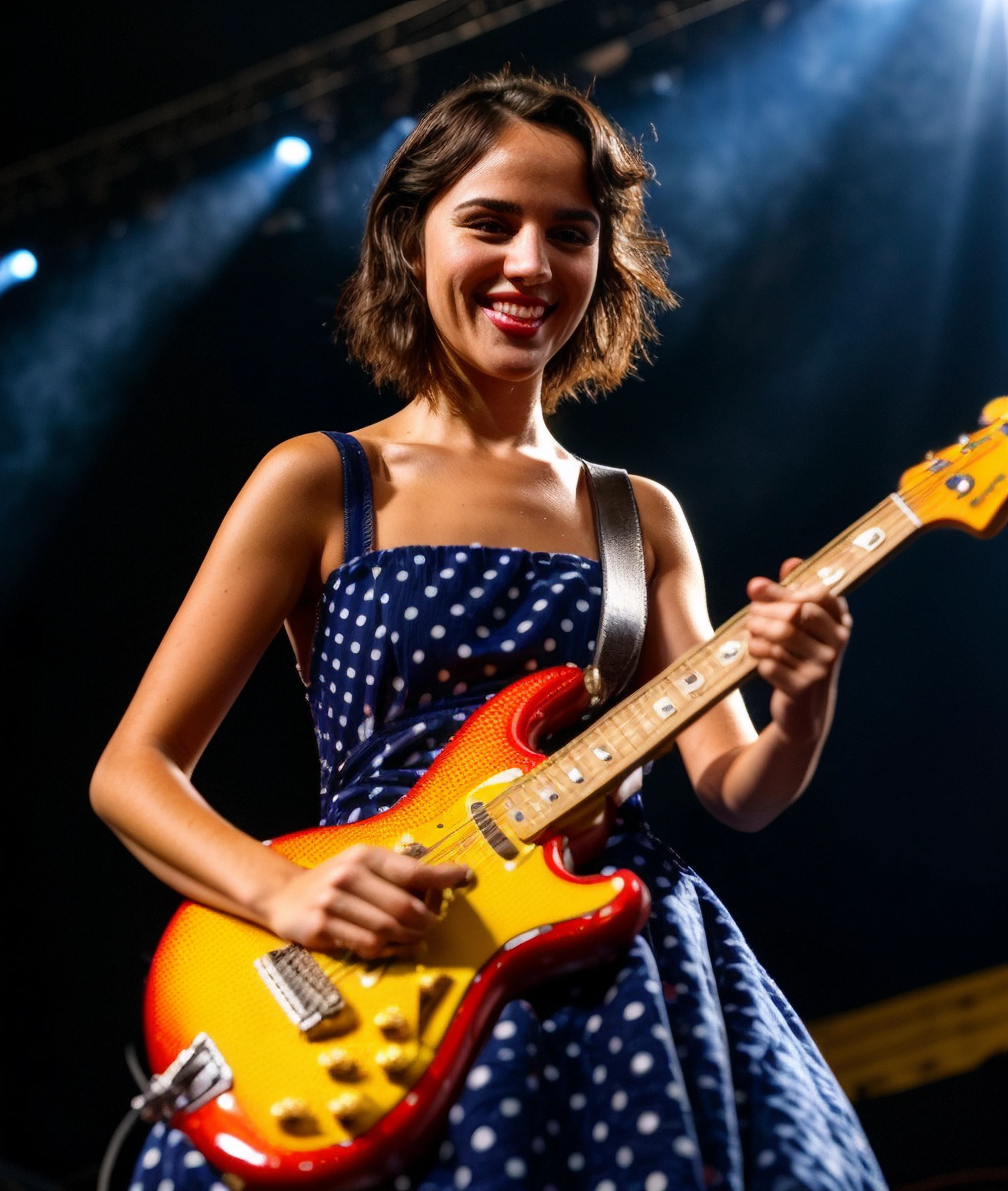 photo of eizag, close-up, (realistic), (hyperrealism), short hair, black hair, happy, playful, (photorealistic:1.4), best quality, masterpiece, messy hair, on stage, backlight, glowing hair, holding fender guitar, 1girl, makeup, detailed eyes, polka dot dress