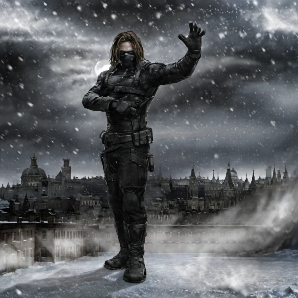 Dystopian style a full body man with black gloves and with a mask fighting poses, winter, snow,city <lora:WinterSoldier1024:0.8> . Bleak, post-apocalyptic, somber, dramatic, highly detailed