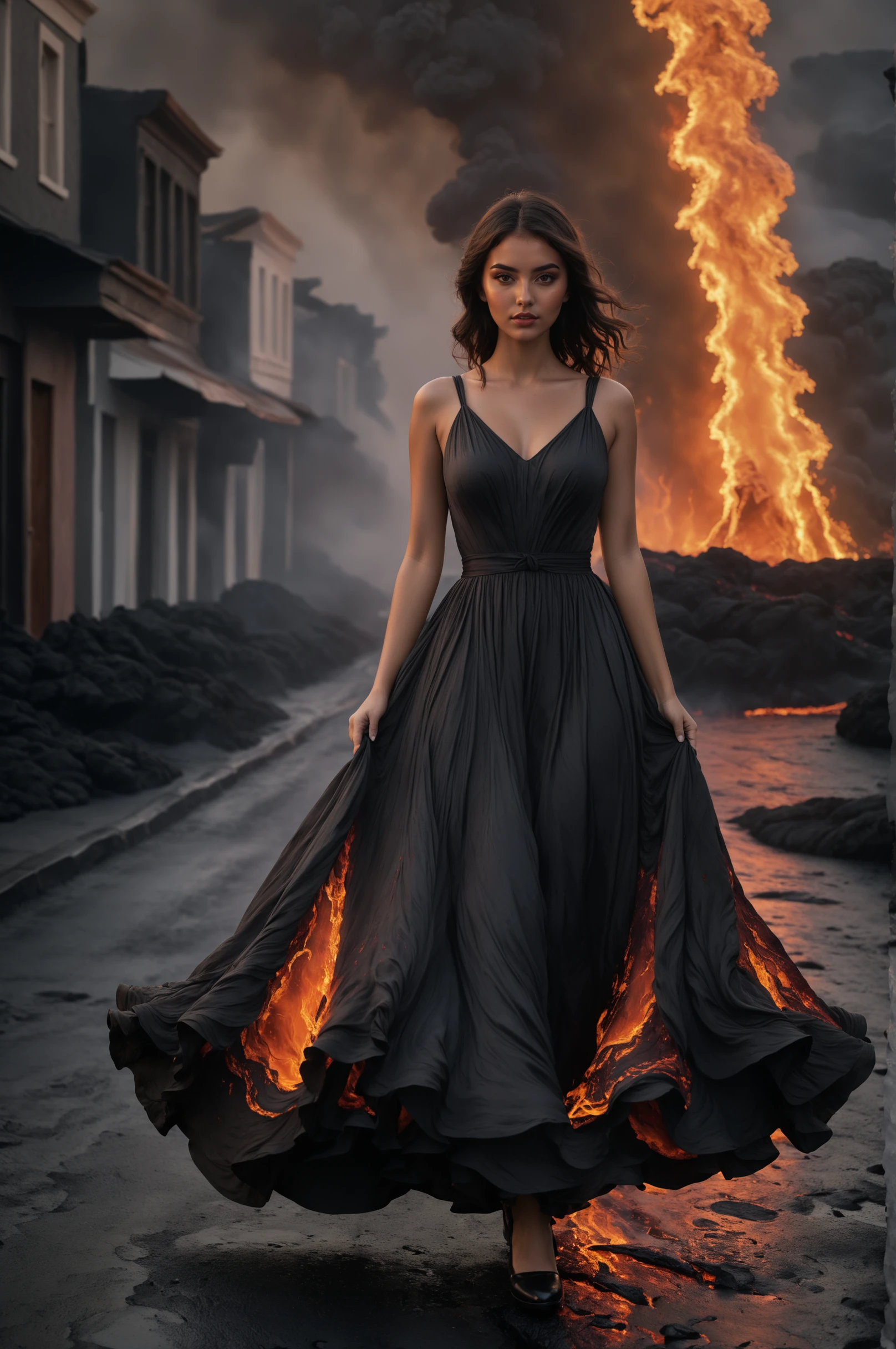 cinematic film still ,Girl in a Lavadress, Backround burning Street in Lava, mystic,  <lora:LavadressXL:0.5>f burning Lavadress, . shallow depth of field, vignette, highly detailed, high budget, bokeh, cinemascope, moody, epic, gorgeous, film grain, grainy