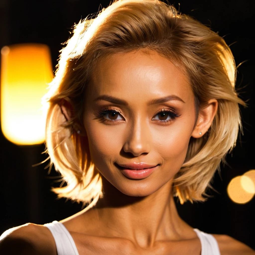 tanned skin、(16k wallpaper、masterpiece、best image quality、超detailedな、超detailedな、Super detailed CG、causticovie lighting、detailed、beautiful detail eyes、solo)、超A high resolution、fine skin、(compensate、eyeliner、eye shadow:1.1、rich milk、mascara、Kirby:1.2、on the chest:1.2、Mega huge)、(bright light)、pool、laughter、silver hair、short hair、cleavage、Brilliant、from the front:1.2、gal