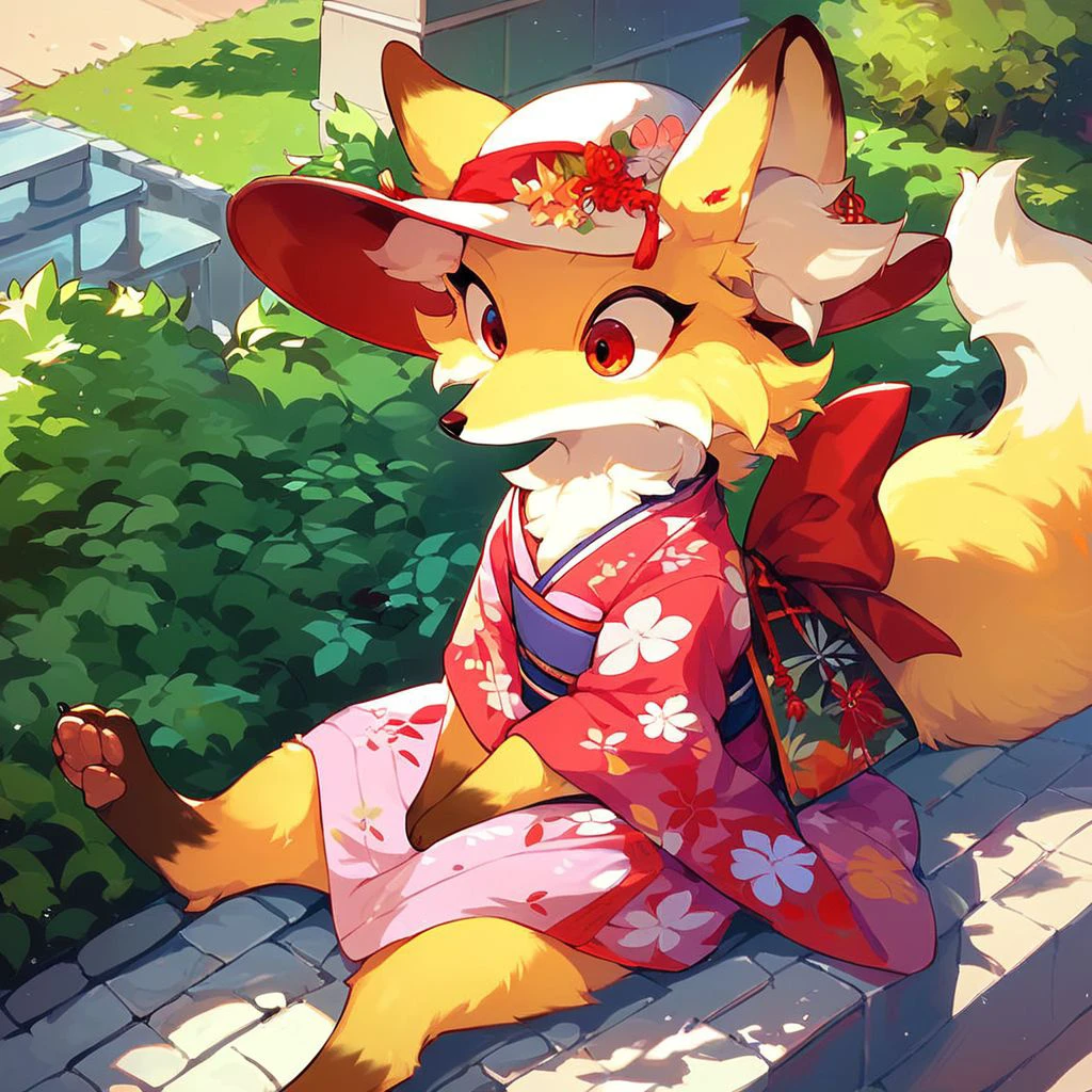 anthro, solo, feral, female, canid, fox, red_eyed_fox, yellow fur, clothes, sitting, wearing pink kimonos, white hat, fluffy fur, red eyes, big fox tail, big fox ears, at park, score_9_up, score_8_up, score_7_up, source_anime